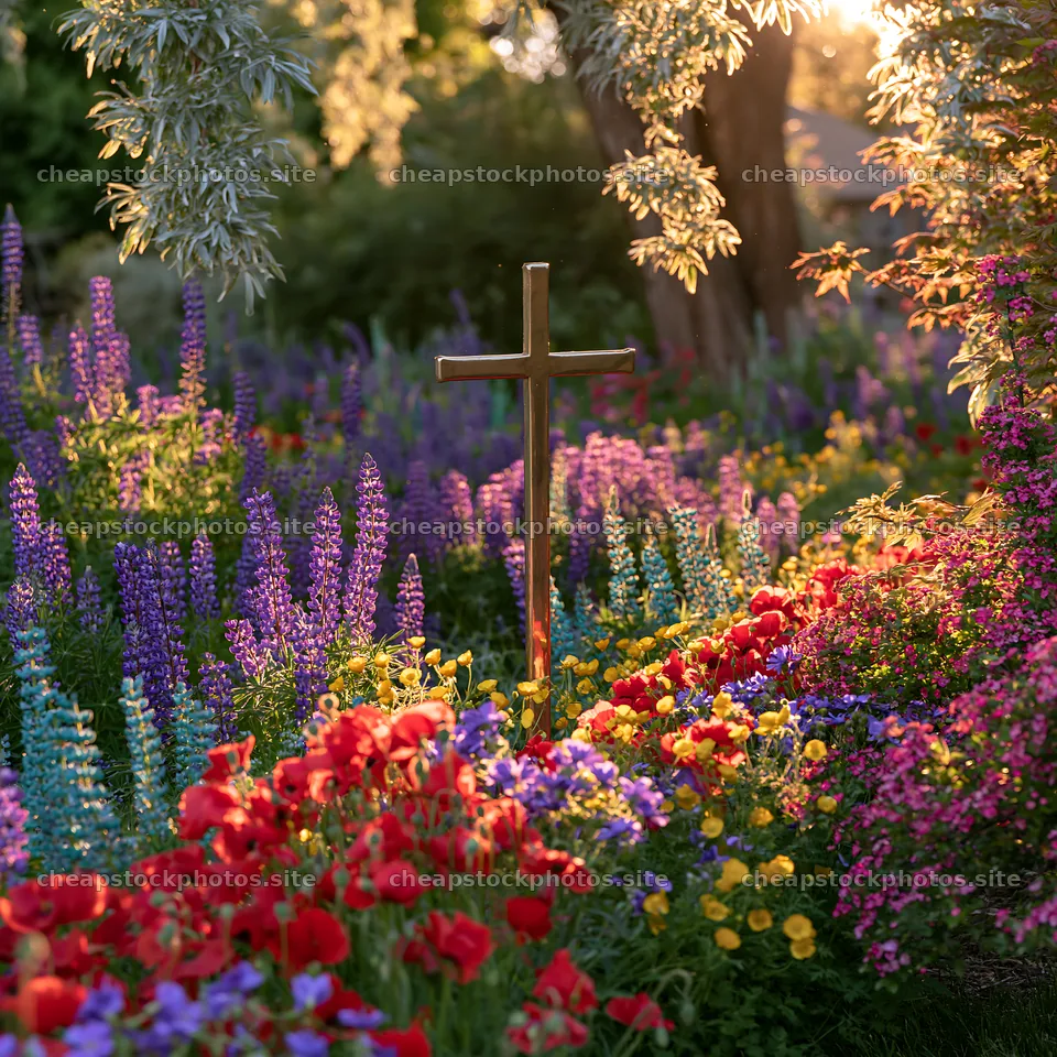 Christian cross in Christmas meadow with flowers and sunlight – stock photos 7938x7938
