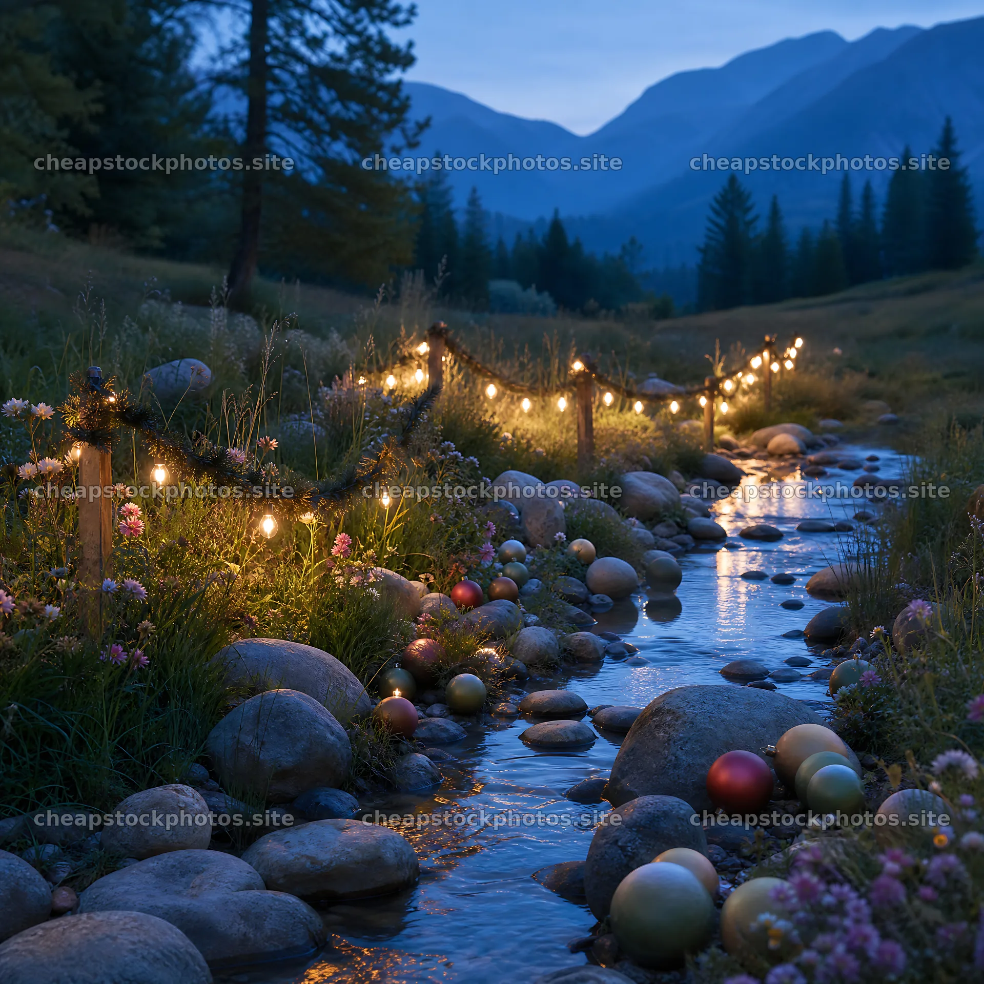 Christmas ornaments along stream in meadow during twilight – stock photos 7938x7938