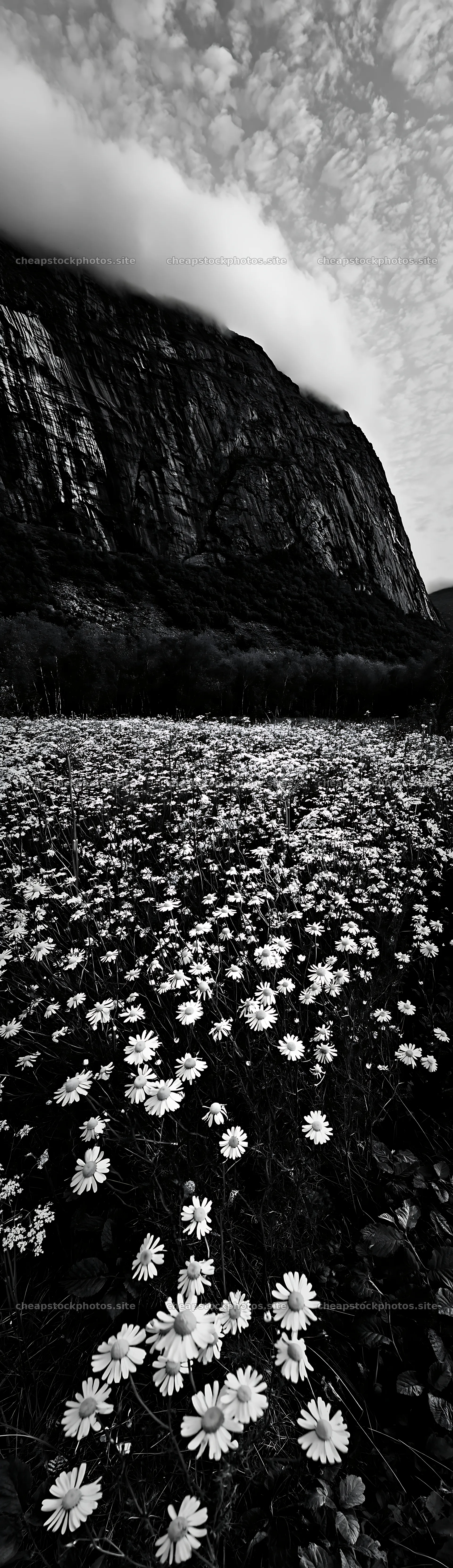 Chamomile meadow under clouds near a mountain – stock photos 4268x14762