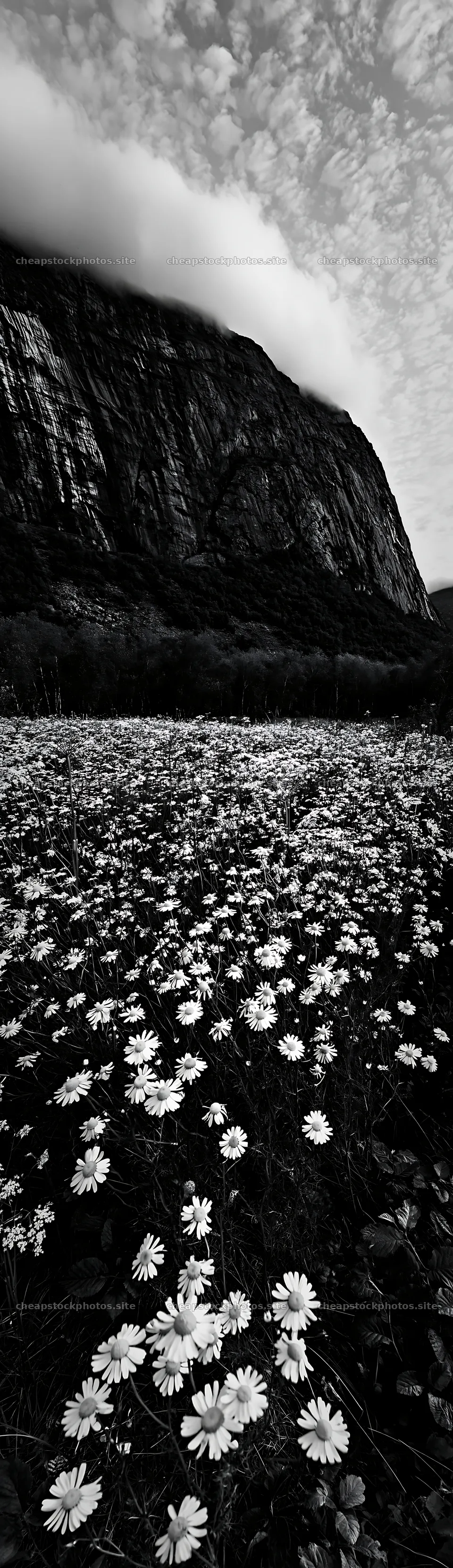Chamomile meadow under clouds near a mountain – stock photos 4268x14762