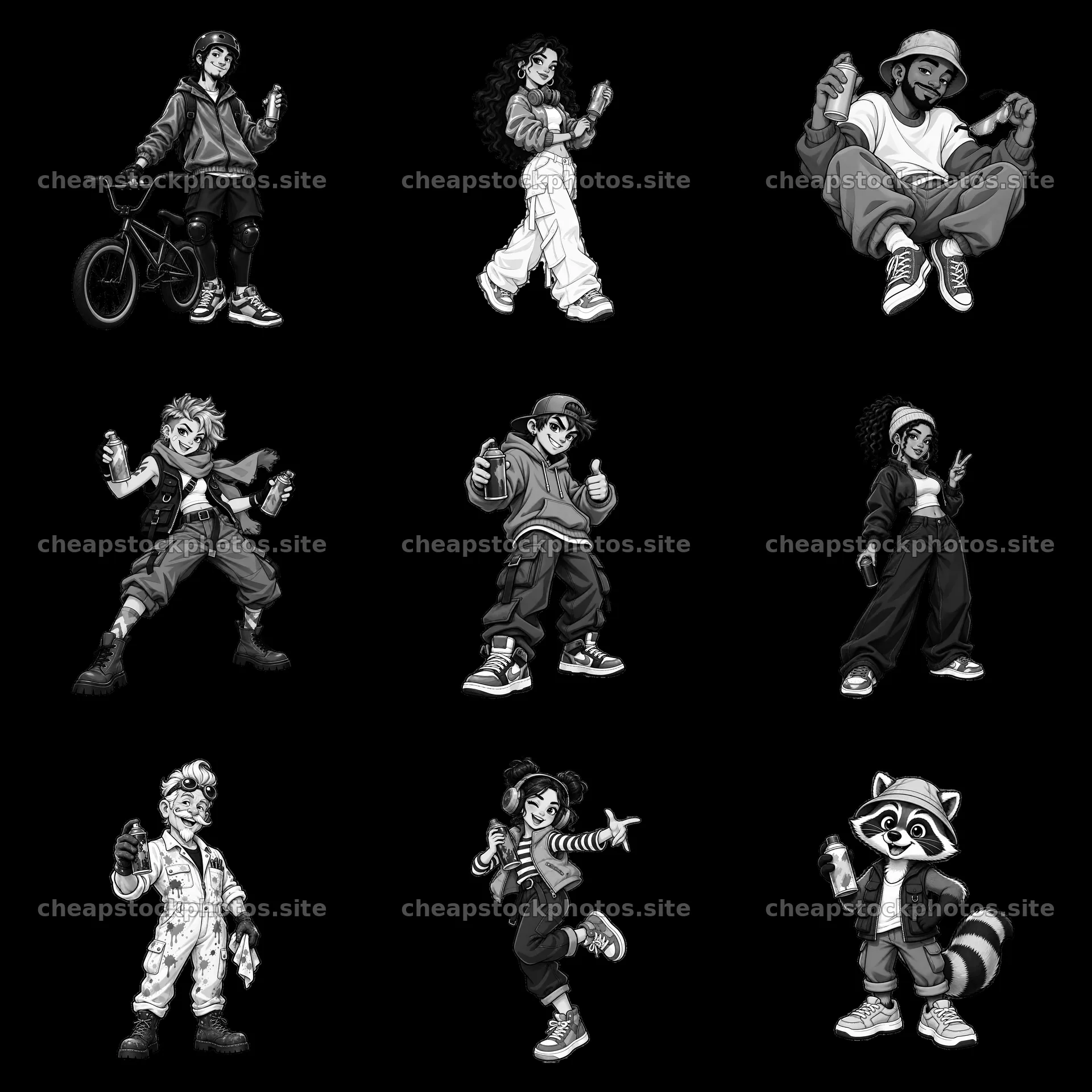 Cool graffiti sprayer characters in a 3x3 layout – stock photos 7746x7746