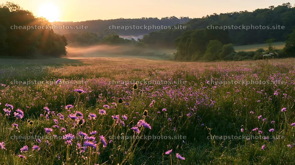 Meadow with knapweed at sunrise in a lush landscape – stock photos 10608x5938