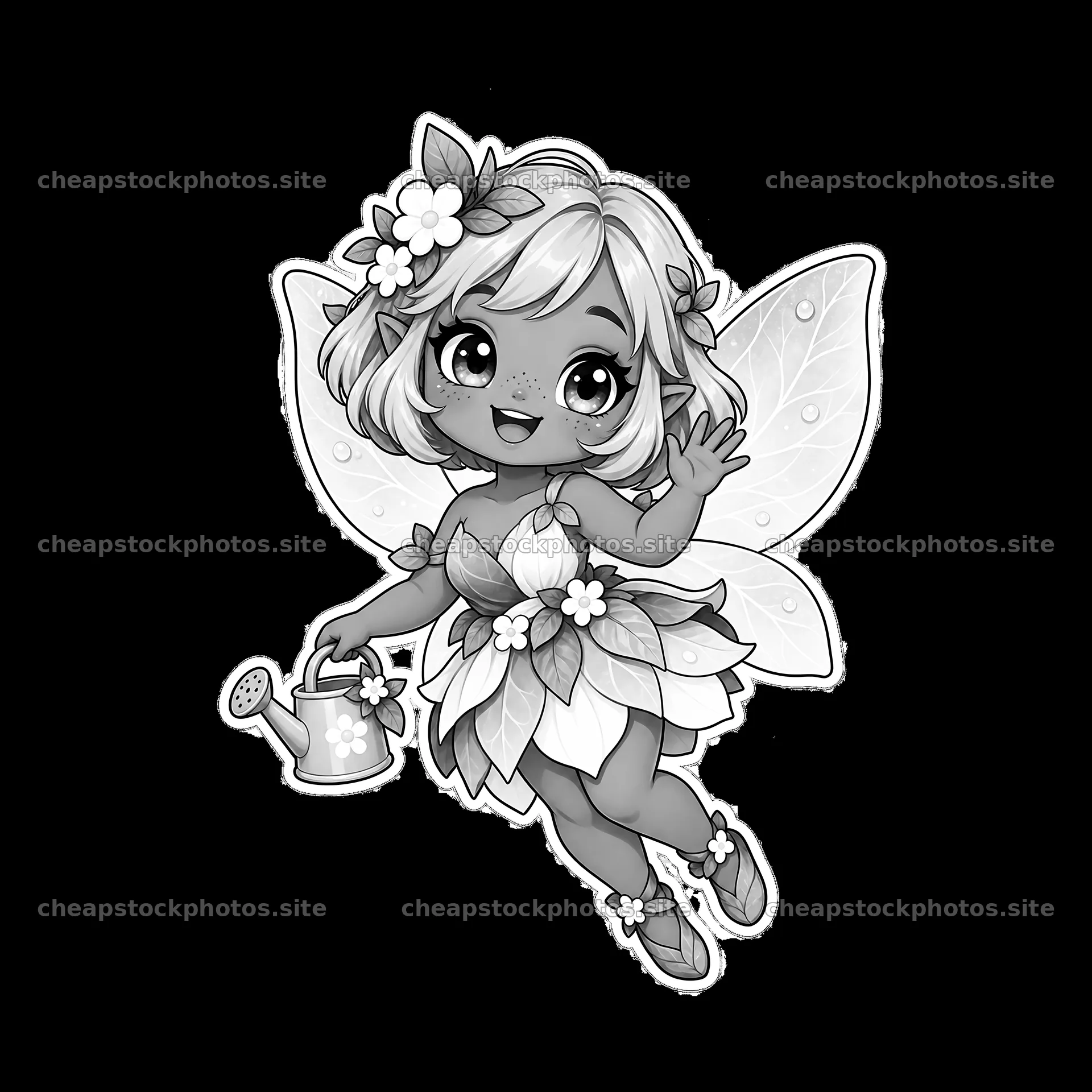 Kawaii chubby fairy with flower accents holding a watering can – stock photos 7746x7746