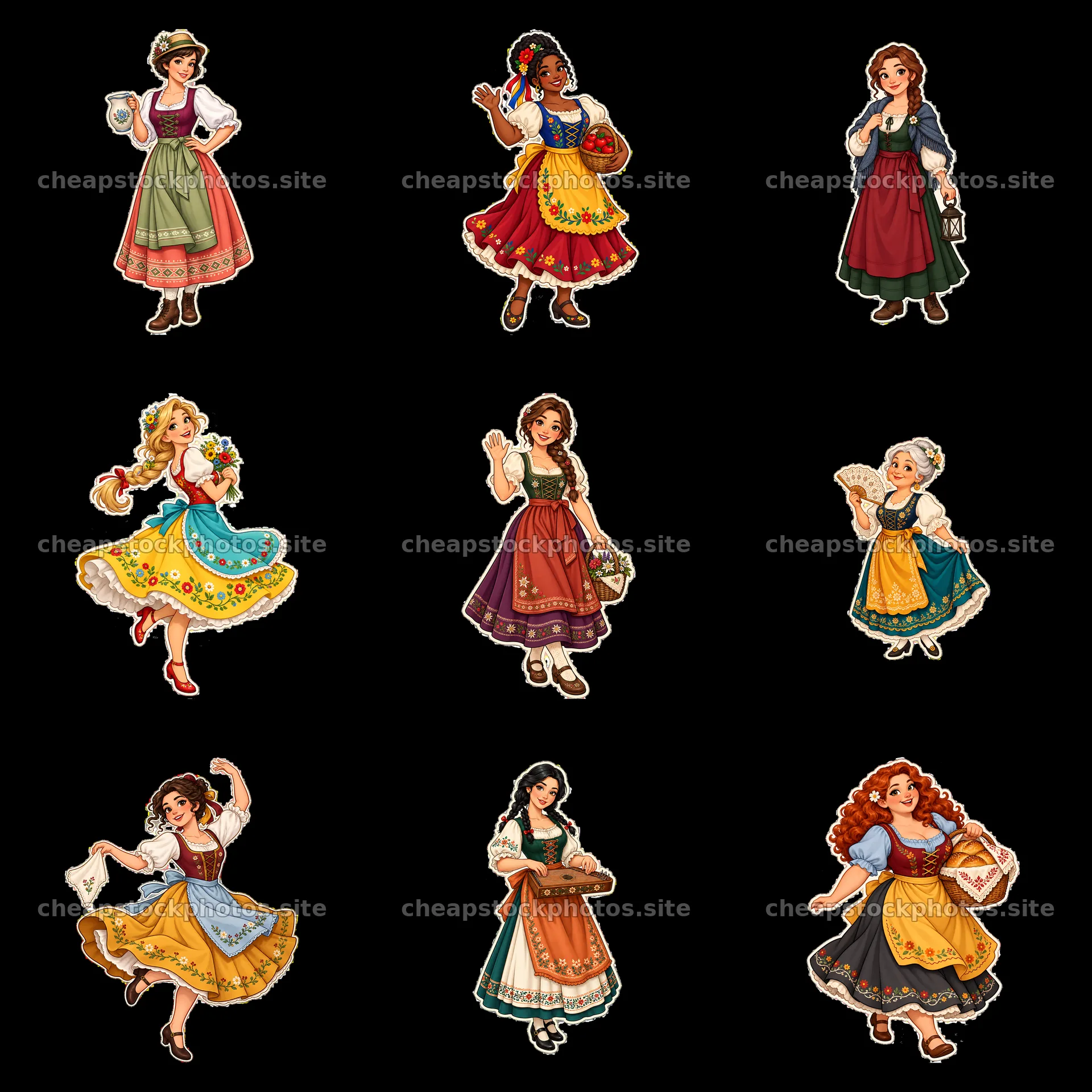 Women in traditional folk dress with colorful outfits in a grid – stock photos 7746x7746