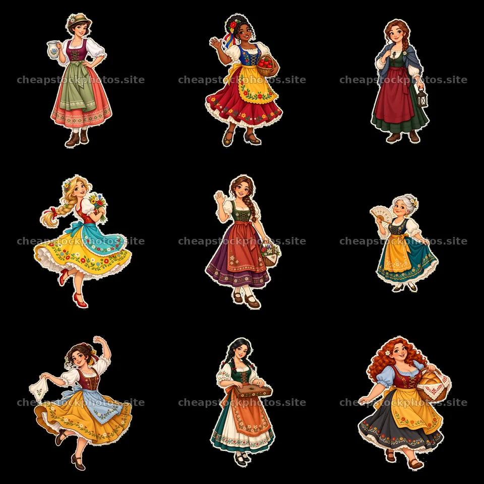 Women in traditional folk dress with colorful outfits in a grid – stock photos 7746x7746
