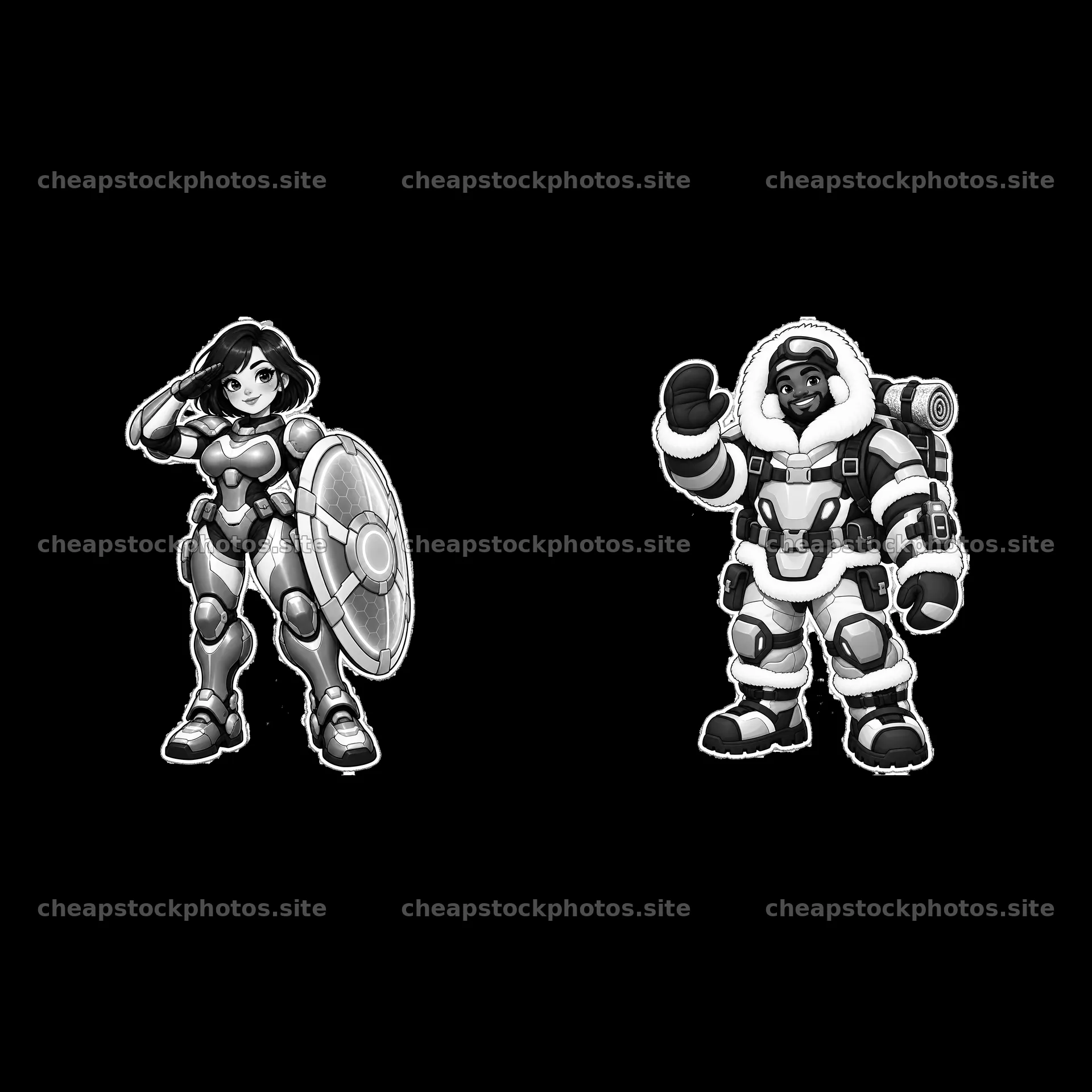 Kawaii futuristic super-soldier duo with shield and thumbs up – stock photos 7746x7746