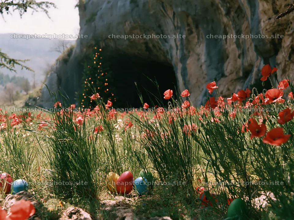 Christmas tree seen from cave in meadow filled with flowers – stock photos 9174x6866