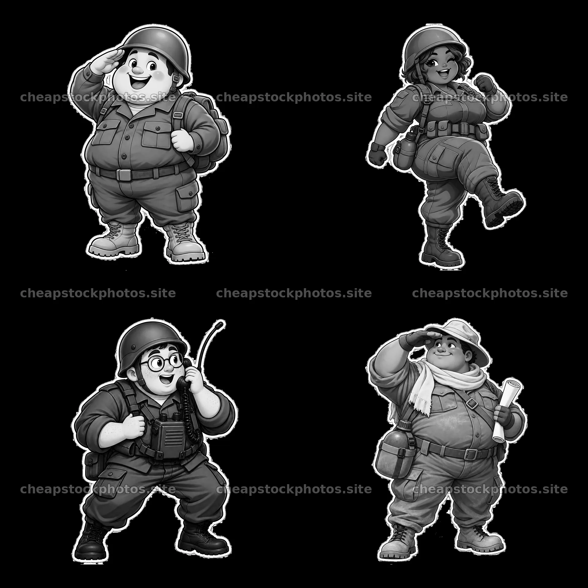 Chubby cartoon soldiers in a playful 2x2 grid layout – stock photos 7746x7746