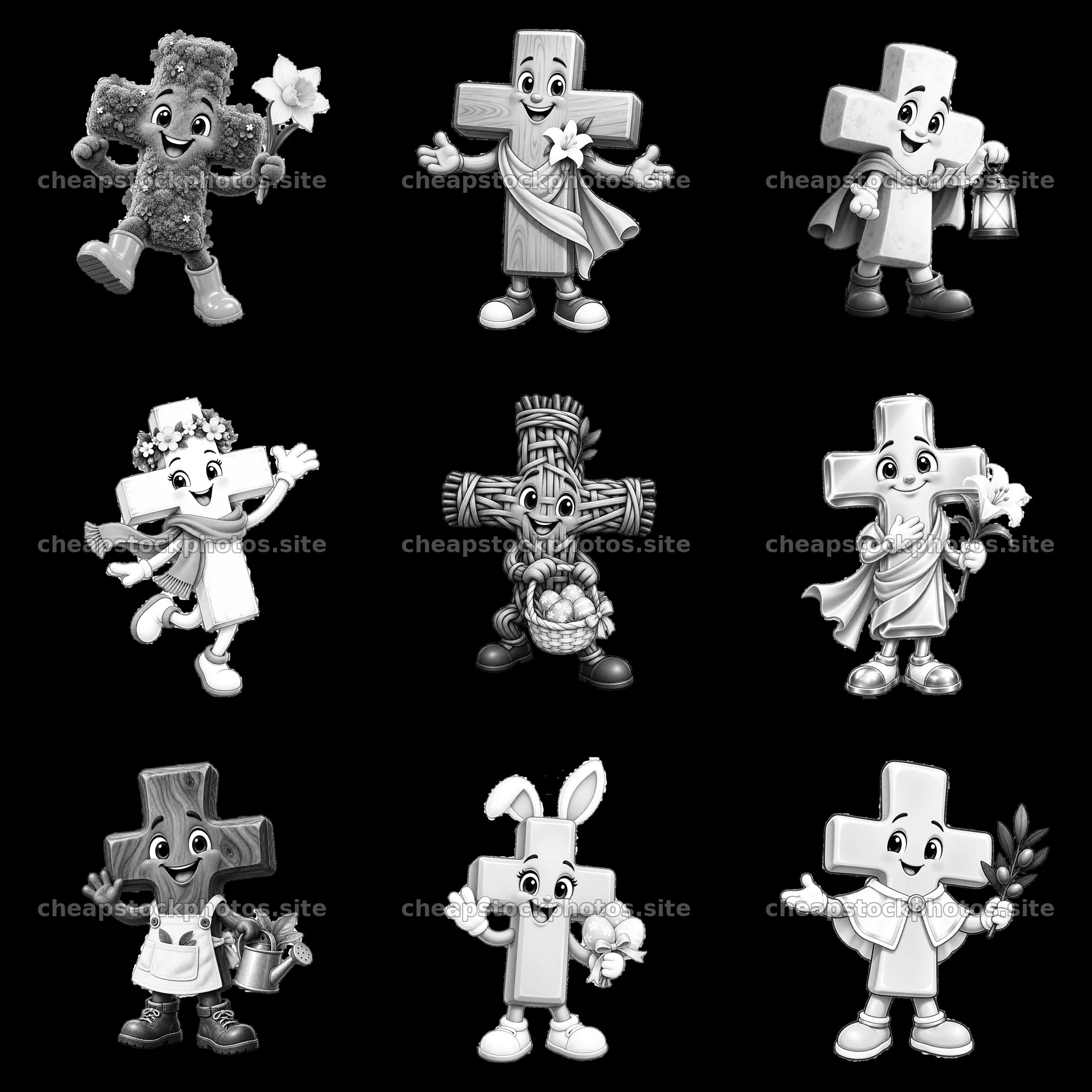 Easter-themed cartoon crosses with various expressions and props – stock photos 7746x7746