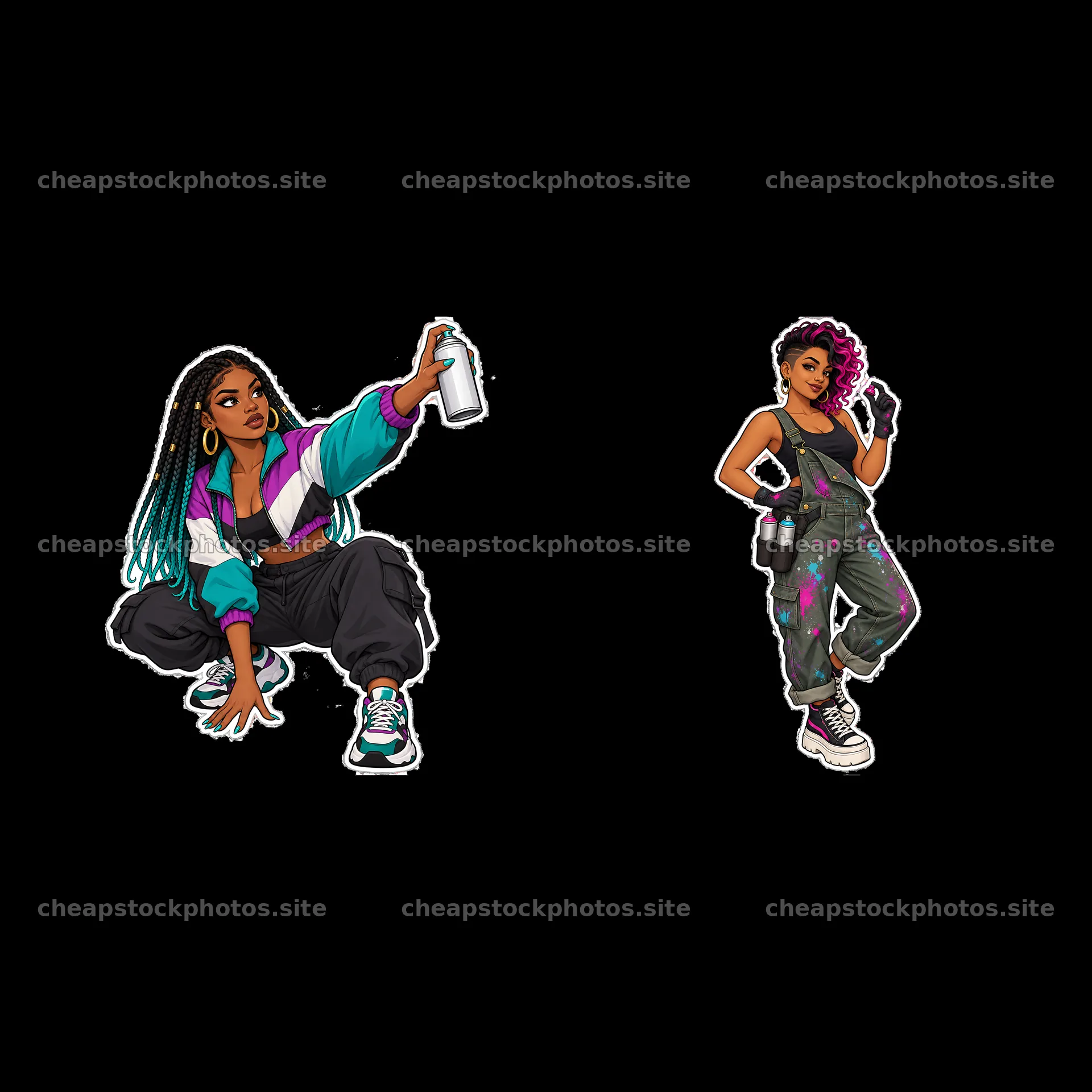 Sexy female graffiti sprayers in stylish outfits with spray cans – stock photos 7746x7746