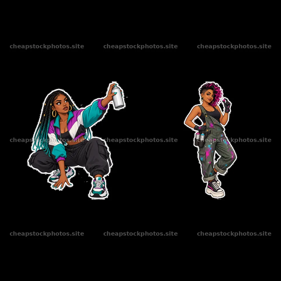 Sexy female graffiti sprayers in stylish outfits with spray cans – stock photos 7746x7746