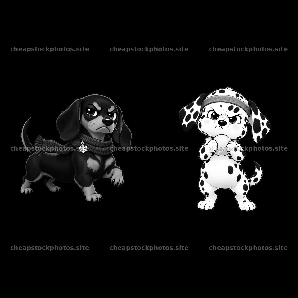 Kawaii grumpy black dog and spotted dog standing together – stock photos 7746x7746