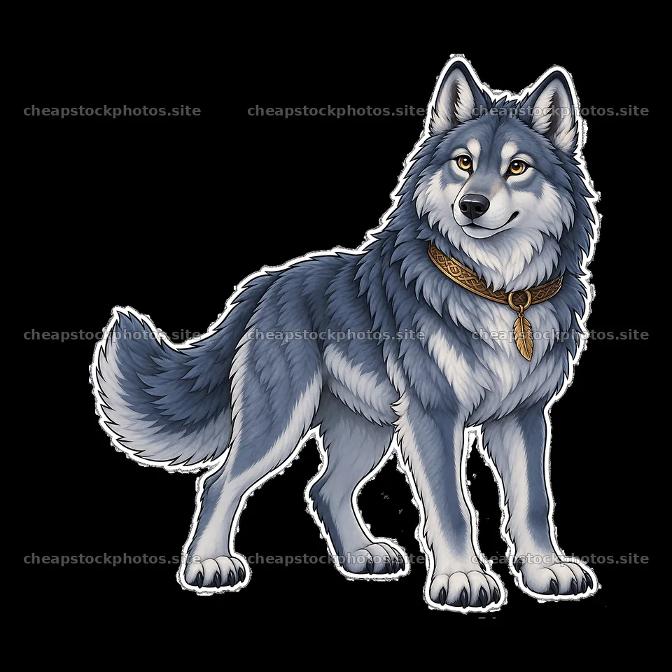 Odin's wolf companion stands proudly with a distinctive collar – stock photos 7746x7746