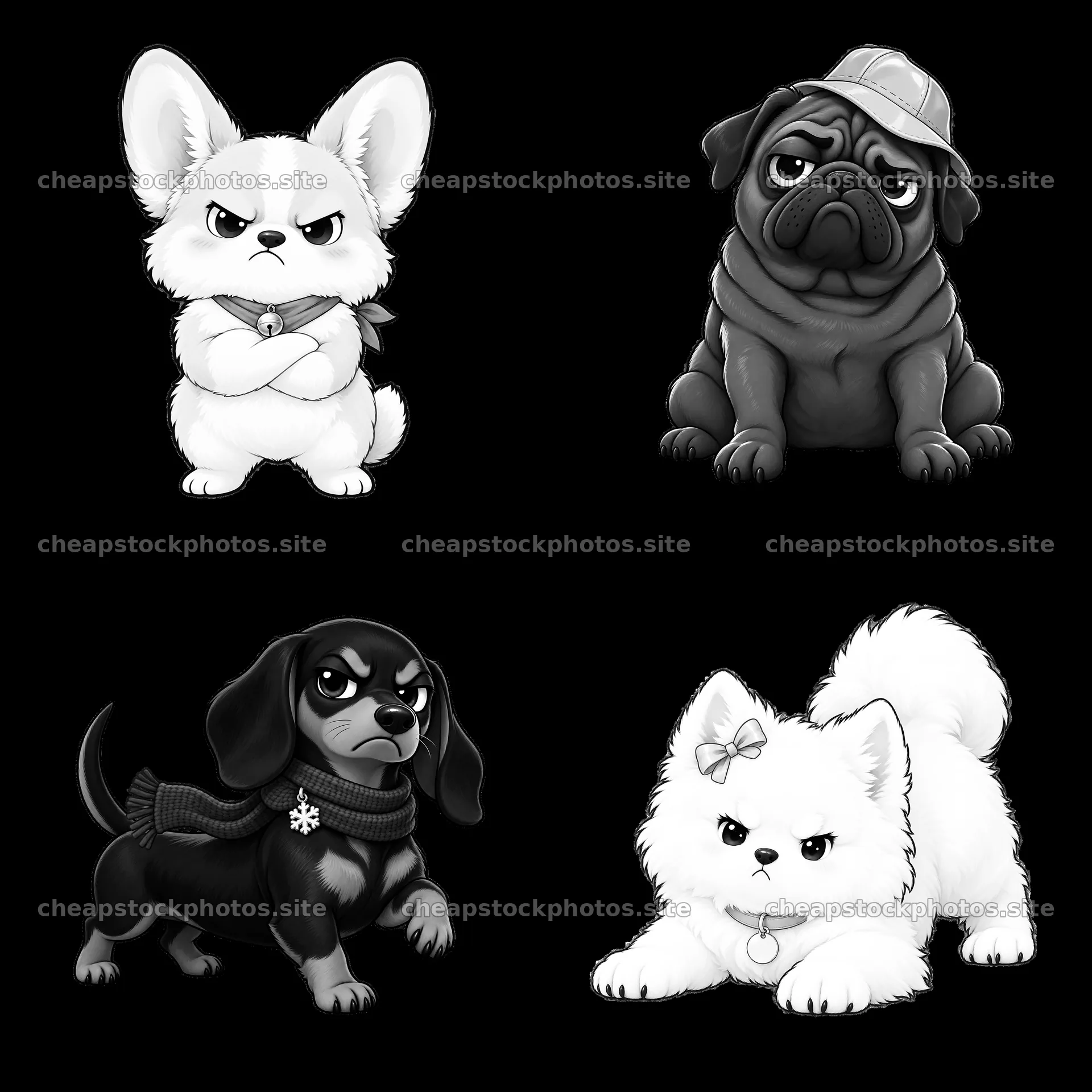 Kawaii grumpy dogs in four playful cartoon styles – stock photos 7746x7746