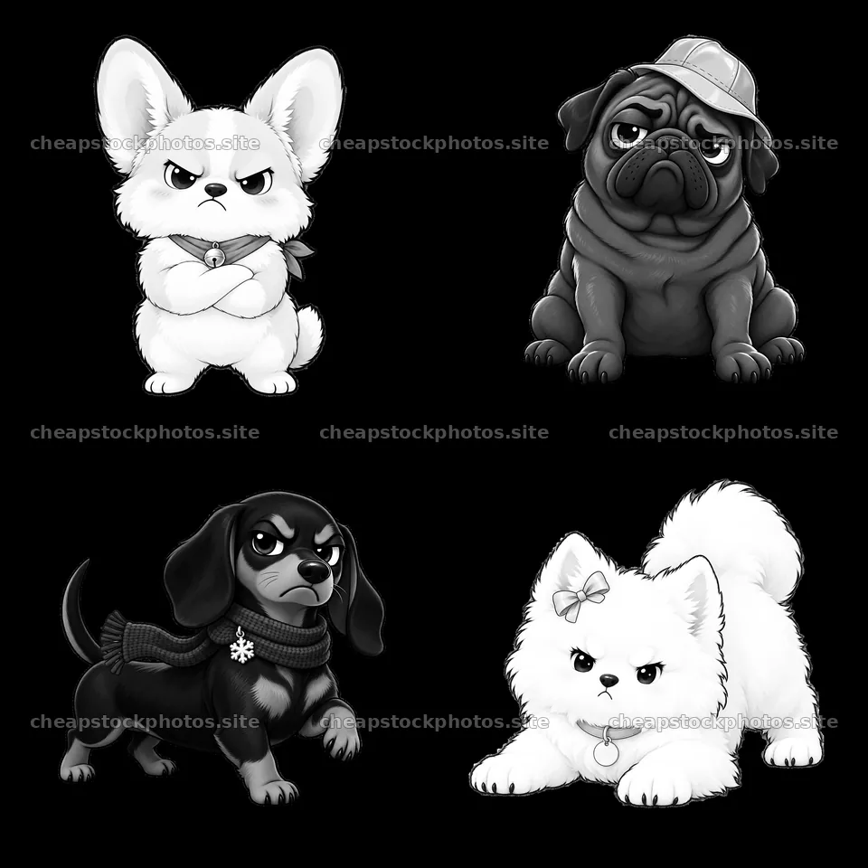 Kawaii grumpy dogs in four playful cartoon styles – stock photos 7746x7746