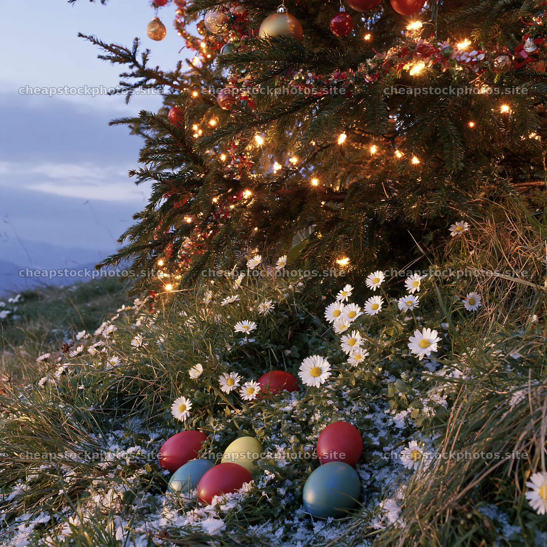 Decorated Christmas tree with lights in snowy meadow – stock photos 7938x7938