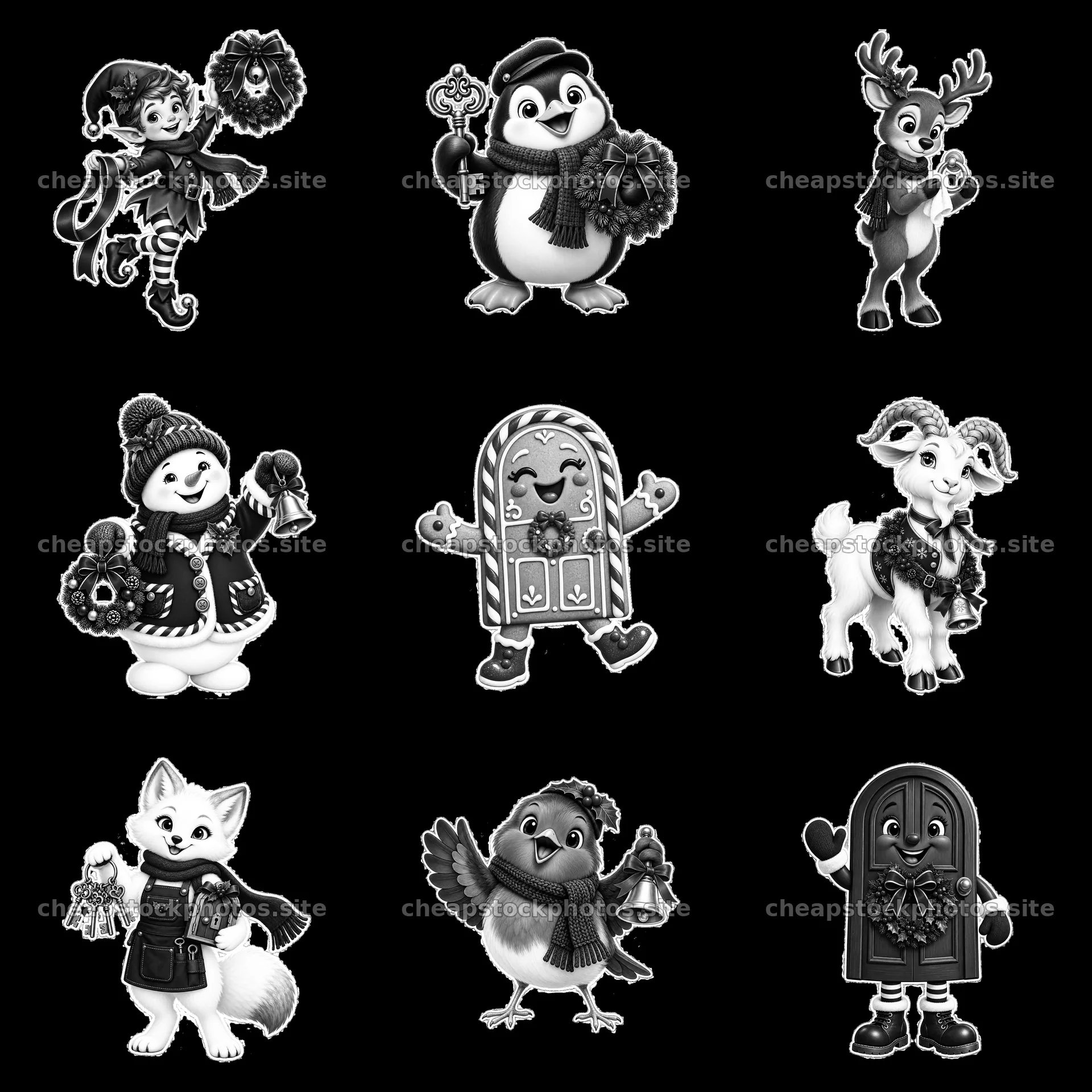 Christmas characters and door in black and white illustration – stock photos 7746x7746