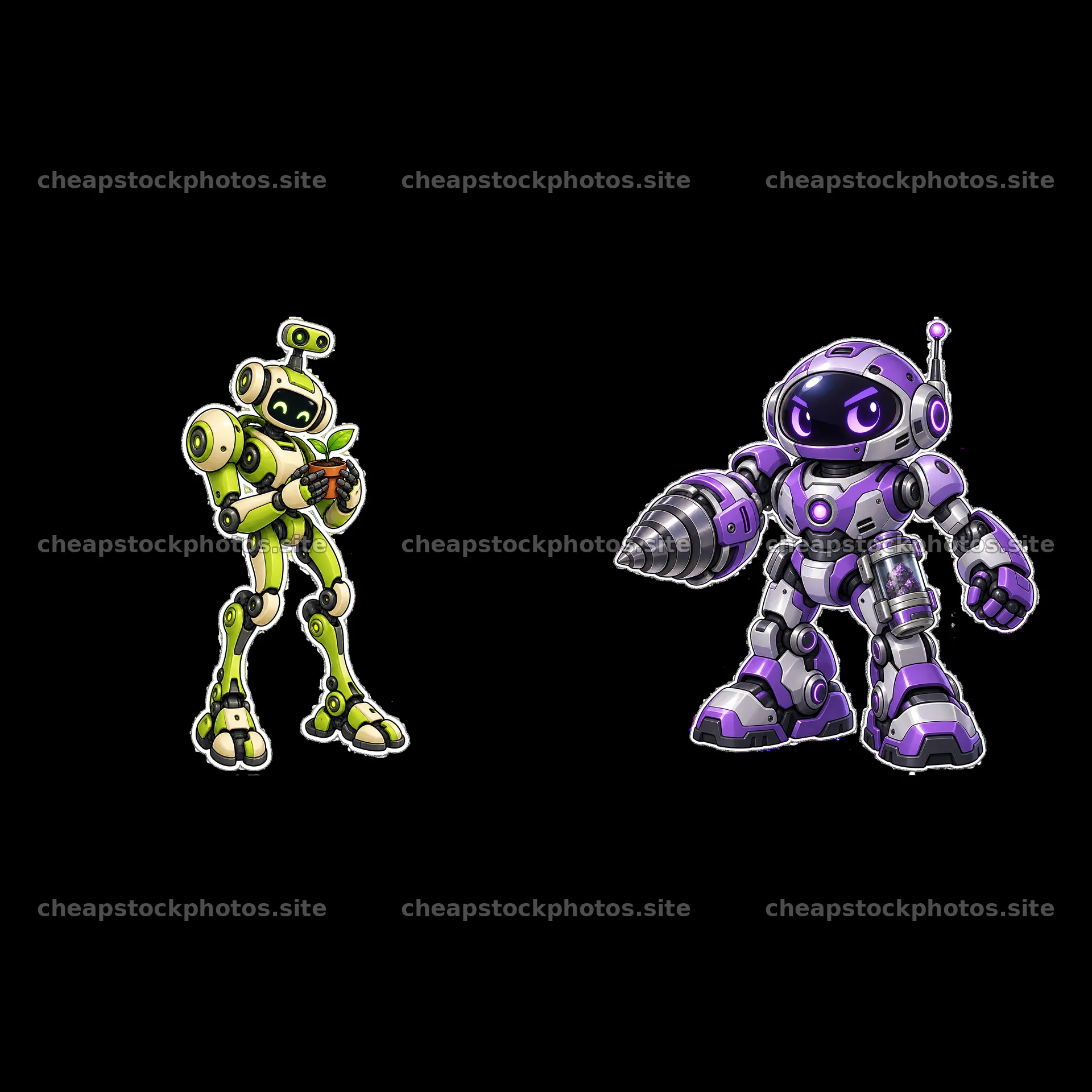 Mech robots in action with tools and distinct colors – stock photos 7746x7746