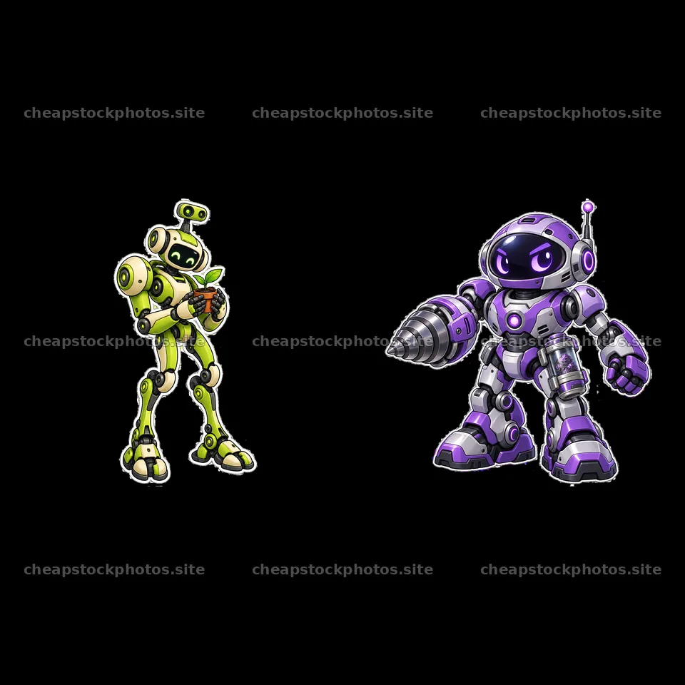 Mech robots in action with tools and distinct colors – stock photos 7746x7746