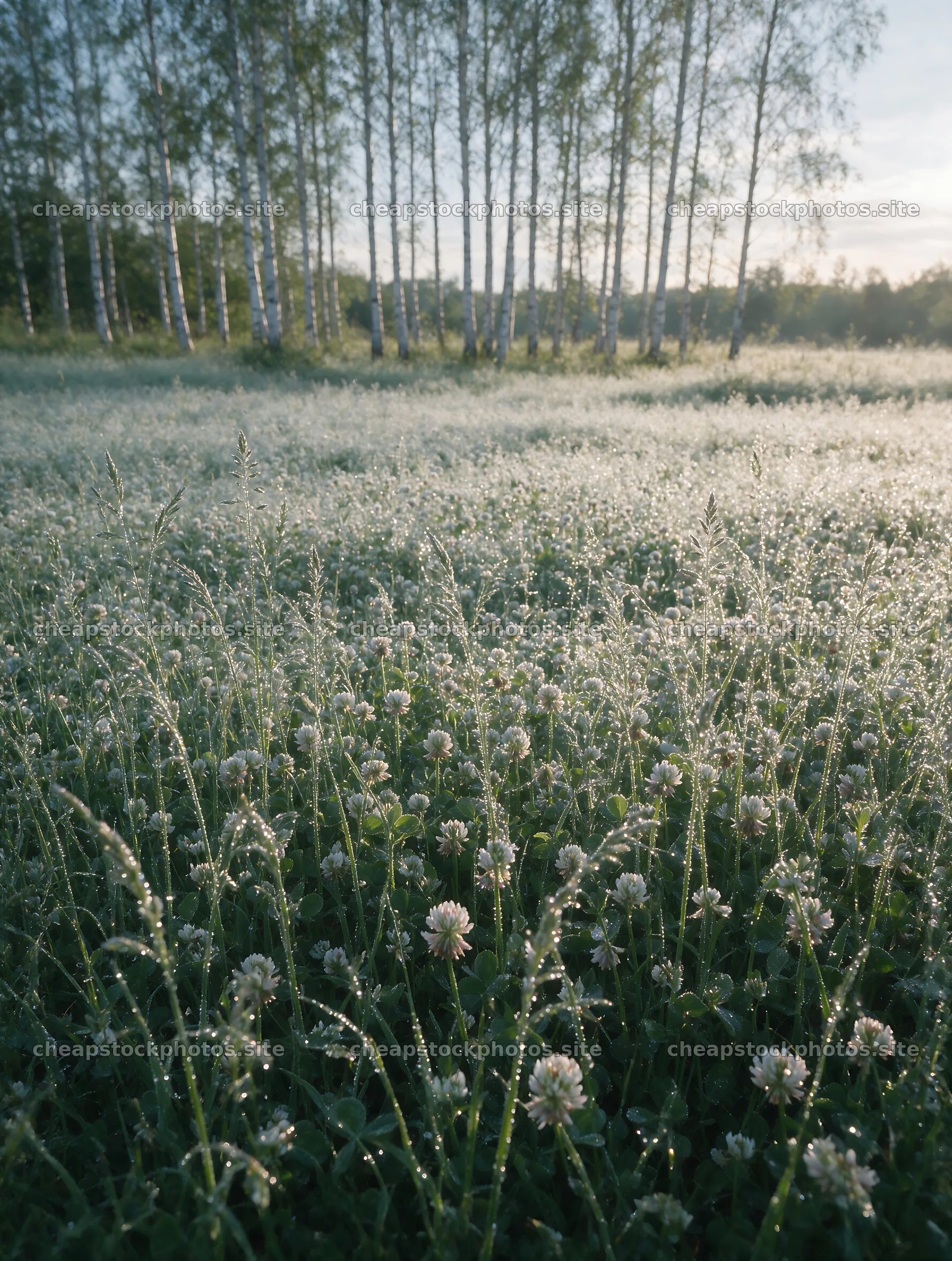 Clover speedwell meadow with dew and birch trees in the background – stock photos 6898x9134