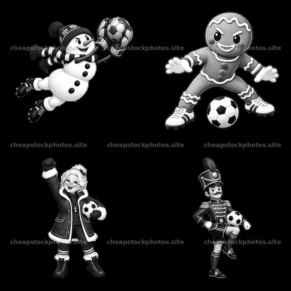 Christmas characters playing soccer in a 2x2 grid – stock photos 7746x7746