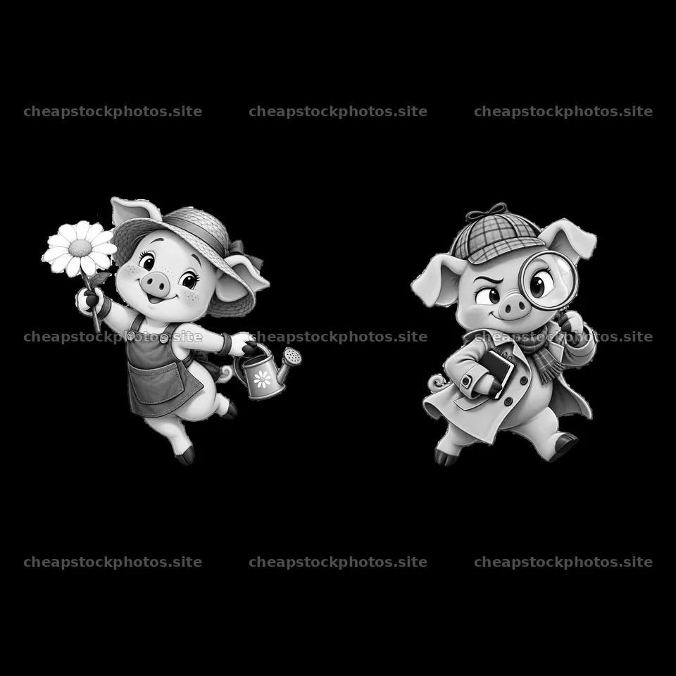Cheerful pig with flower and curious pig with magnifying glass – stock photos 7746x7746