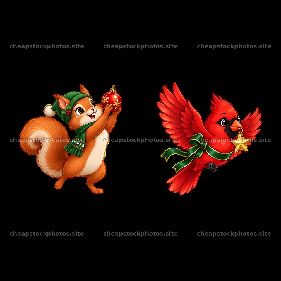 Squirrel with ornament and cardinal with star in Christmas setting – stock photos 7746x7746