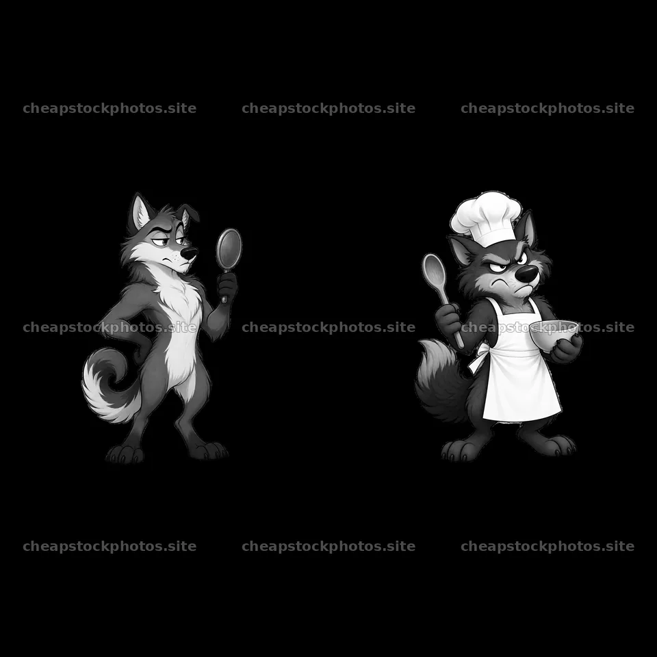 Grumpy wolf cartoon characters with cooking utensils – stock photos 7746x7746