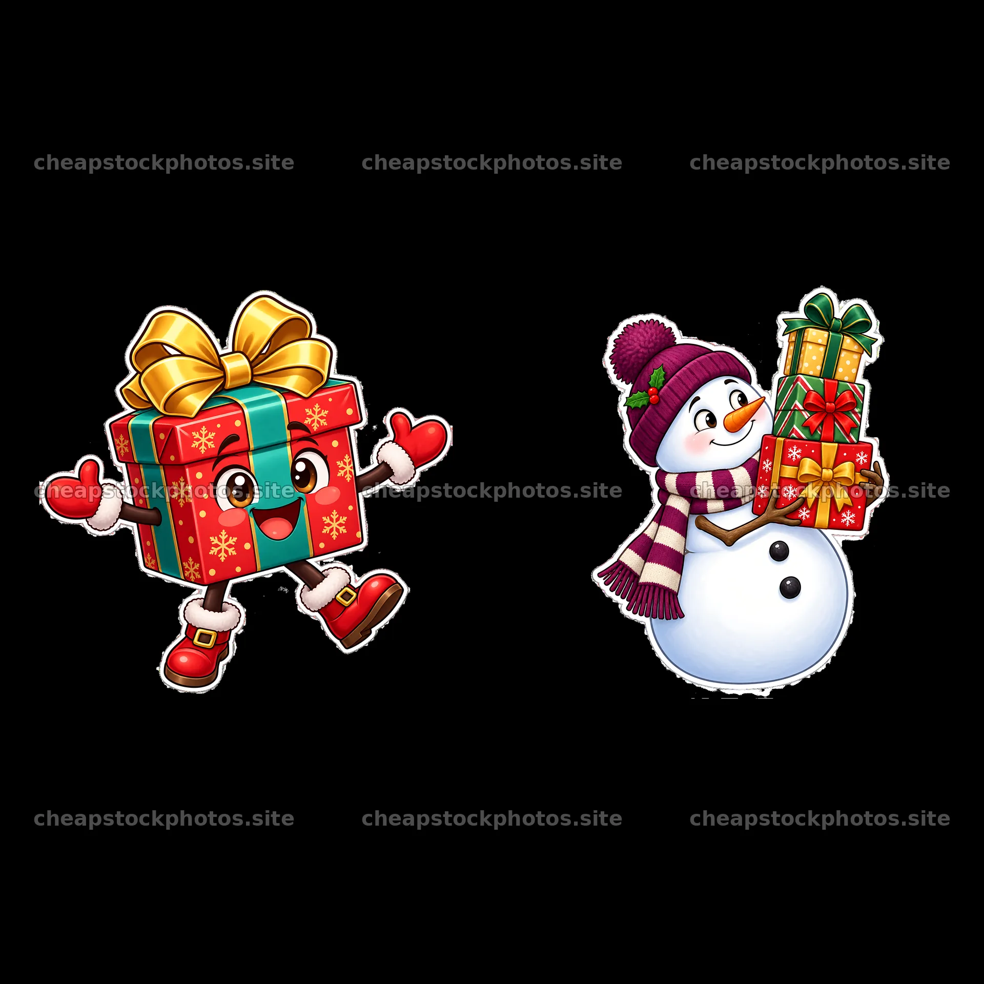 Smiling gift box and snowman with Christmas presents – stock photos 7746x7746