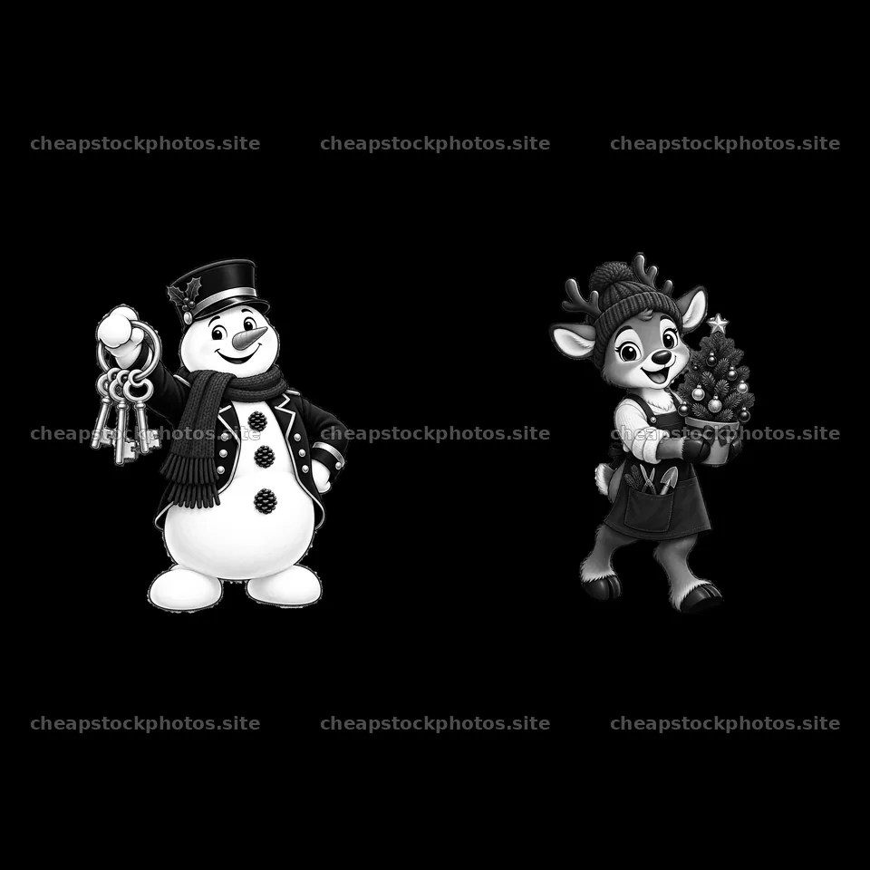 Snowman holding keys and reindeer with Christmas tree – stock photos 7746x7746