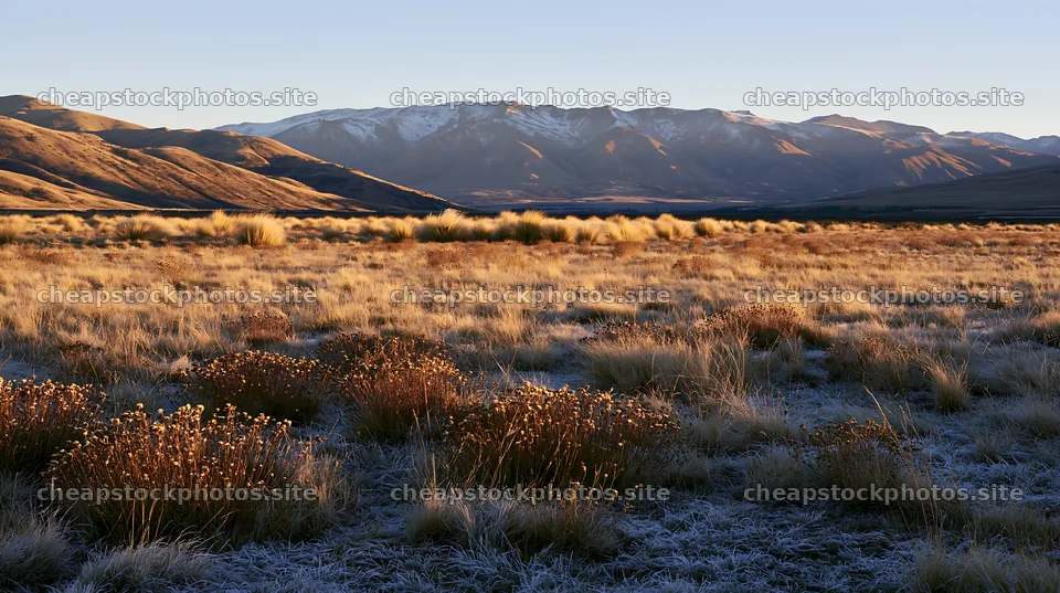 Frosty meadow at sunrise with mountains in the background – stock photos 10608x5938