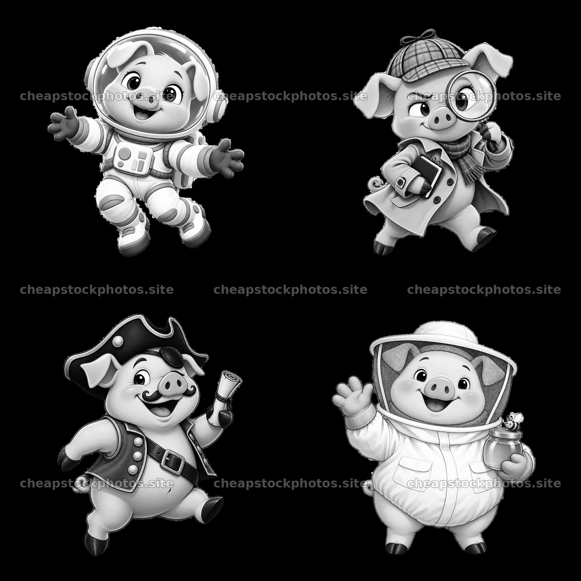 Cartoon pig characters in various costumes and playful actions – stock photos 7746x7746