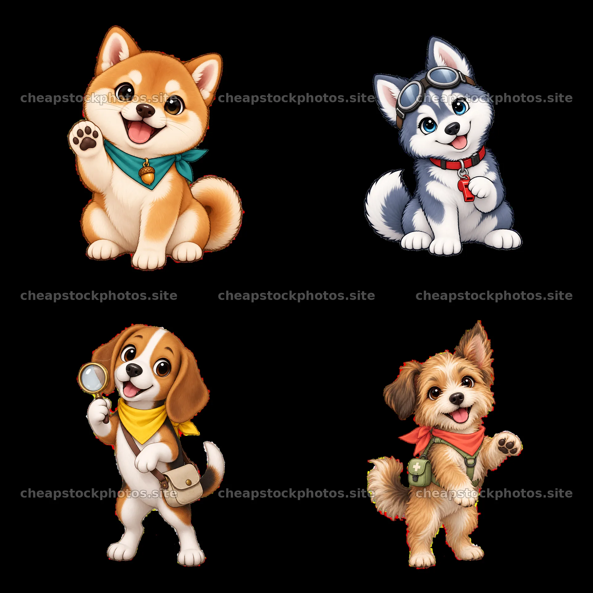 Cute K-9 dog stickers with playful expressions in a grid layout – stock photos 7746x7746