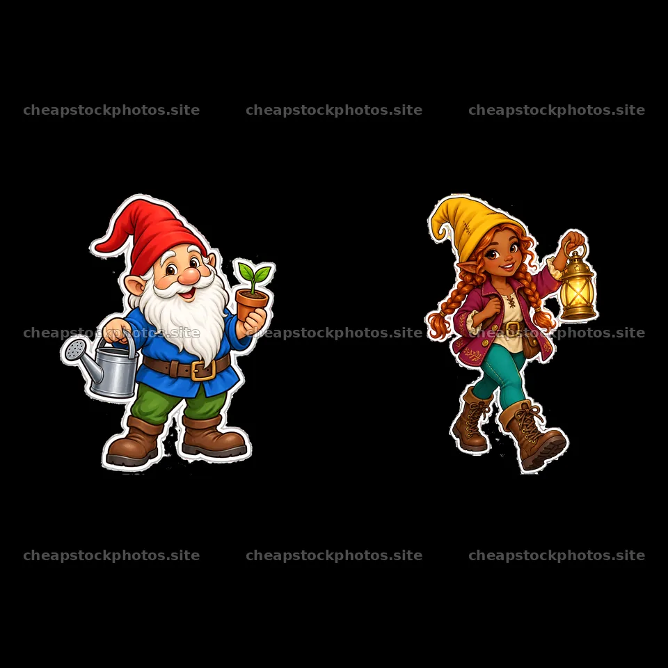 Gnome with watering can and a girl holding a lantern – stock photos 7746x7746