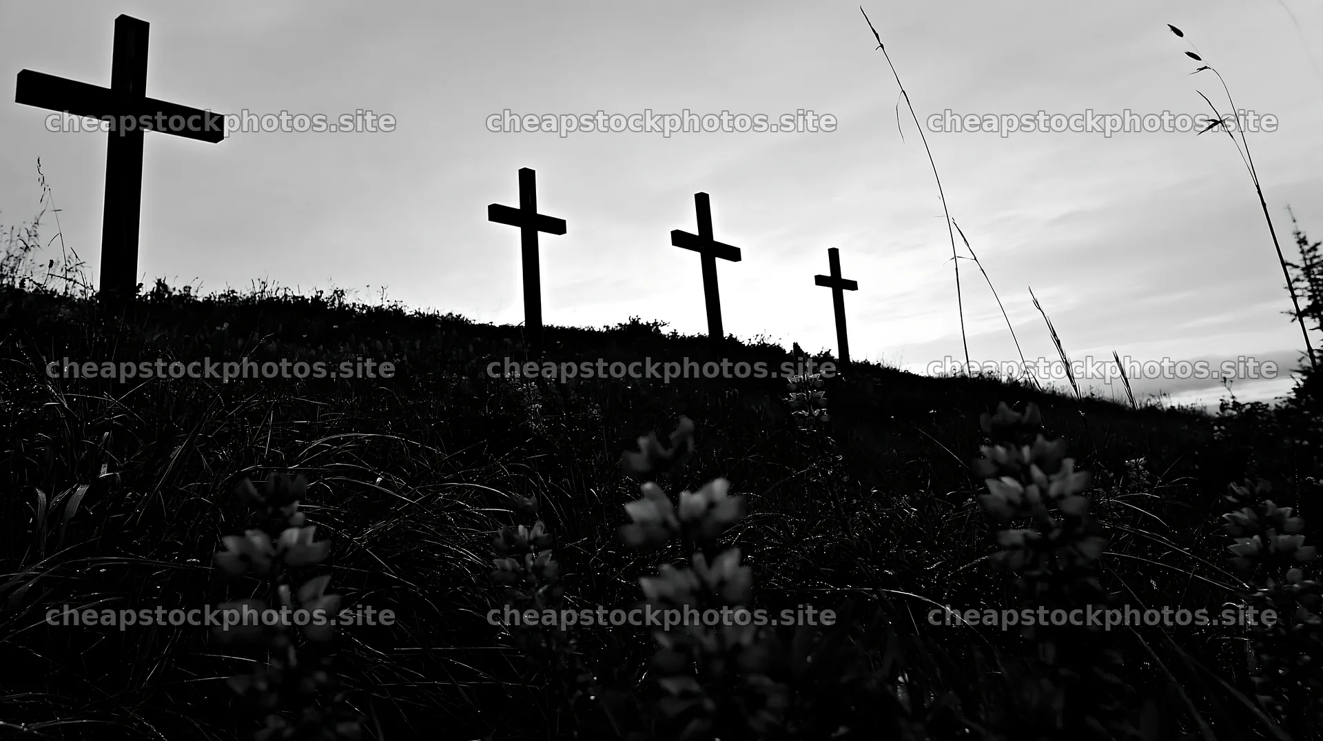 Christian crosses in rain soaked meadow at dusk – stock photos 10608x5938