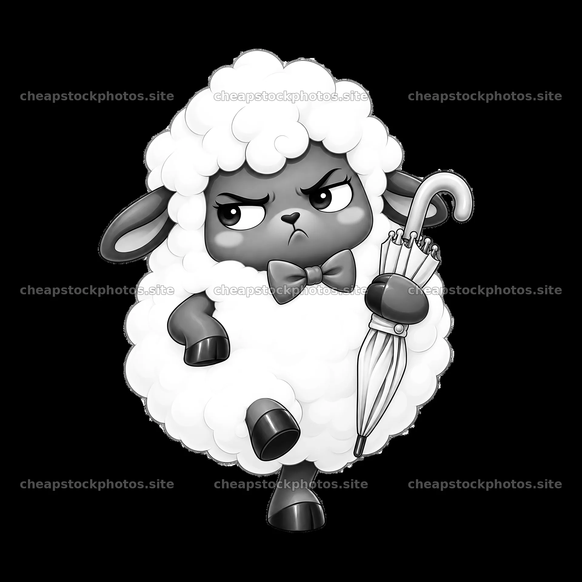 Kawaii grumpy sheep holding an umbrella with a bow tie – stock photos 7746x7746