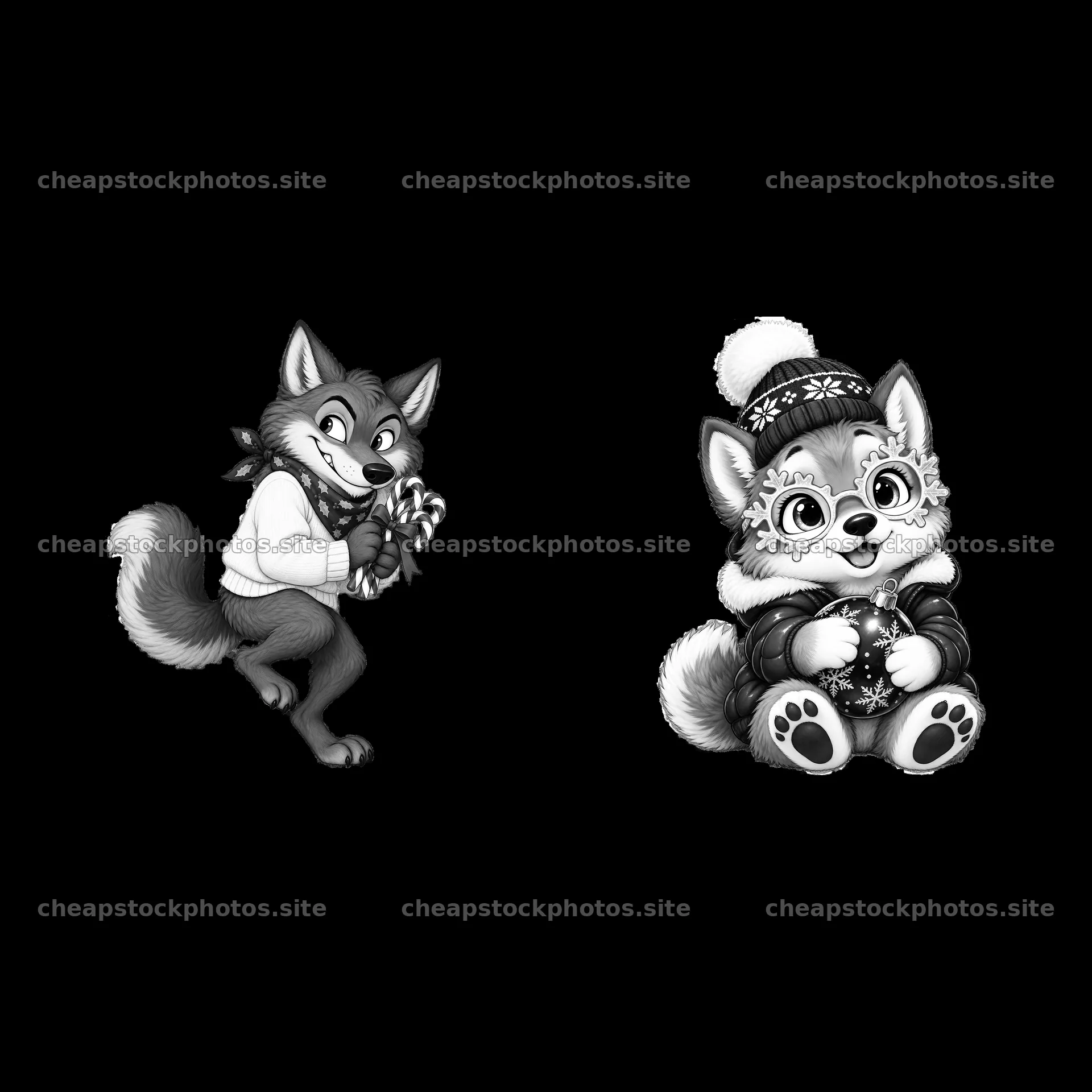 Christmas wolf cartoon characters holding candy and decoration – stock photos 7746x7746
