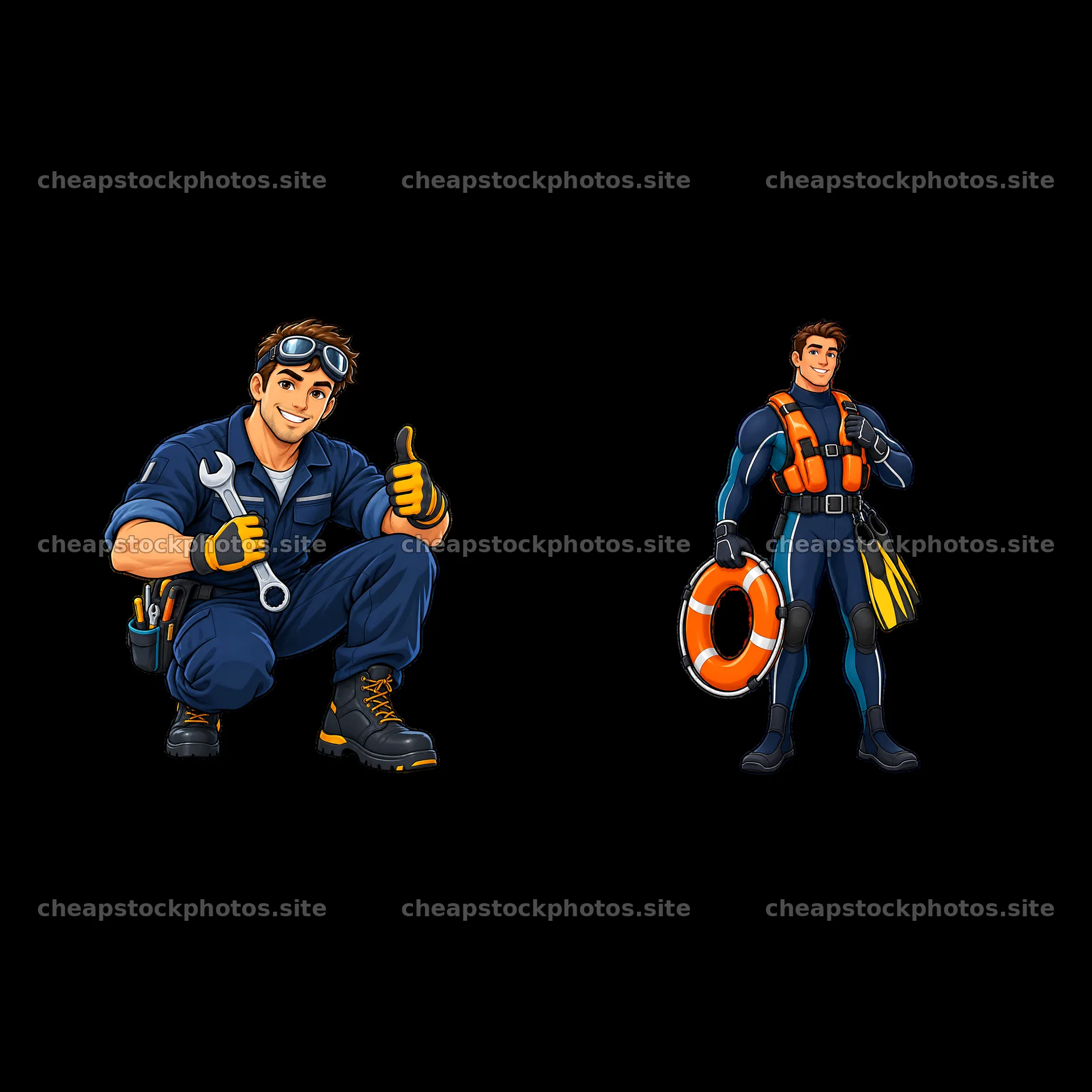 Cartoon crew members on aircraft carrier with safety equipment – stock photos 7746x7746