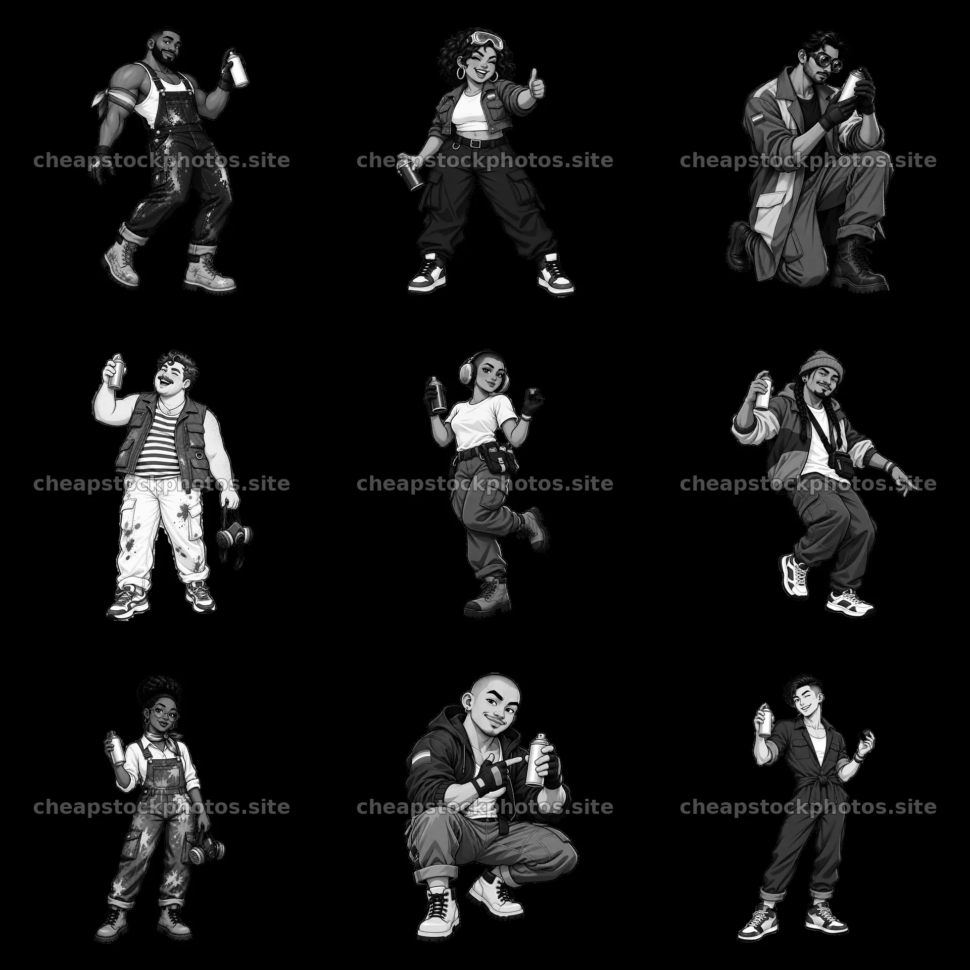 Gay graffiti spray painters in a monochrome 3x3 arrangement – stock photos 7746x7746