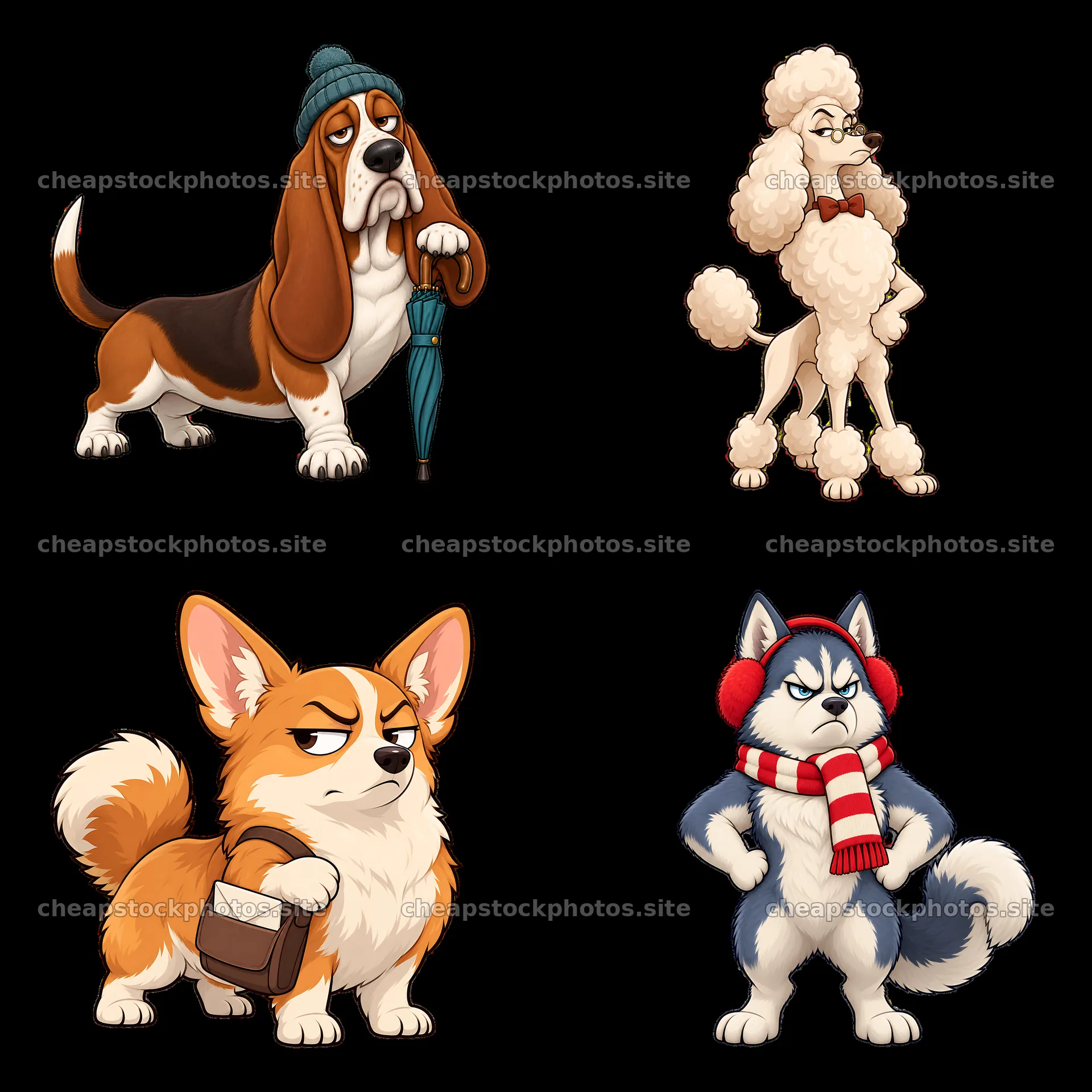Grumpy dog cartoon stickers showing different dog breeds – stock photos 7746x7746