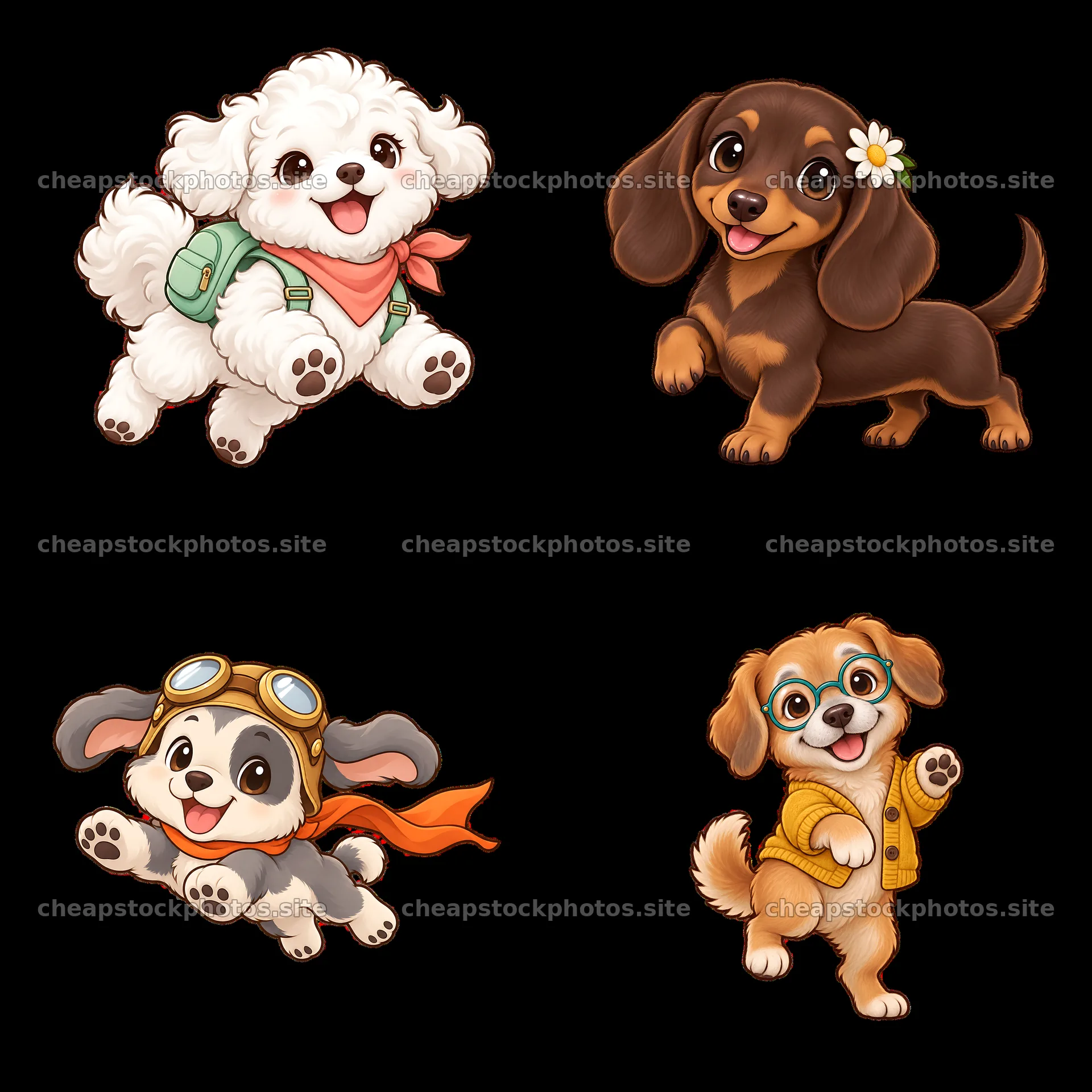 Cute dogs in playful poses with accessories in 2x2 layout – stock photos 7746x7746