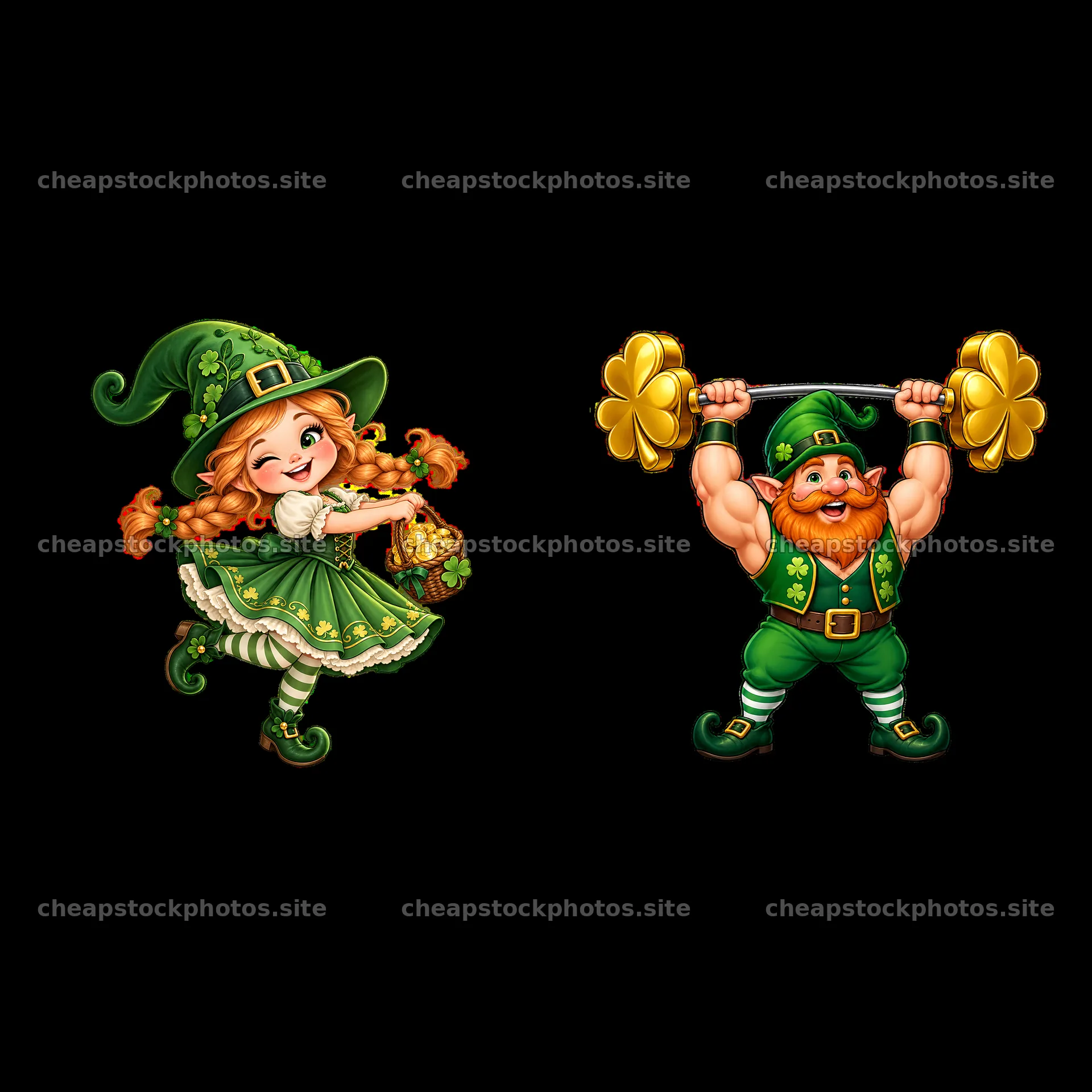 St. Patrick's Day gnome girl and strong gnome man with shamrocks – stock photos 7746x7746