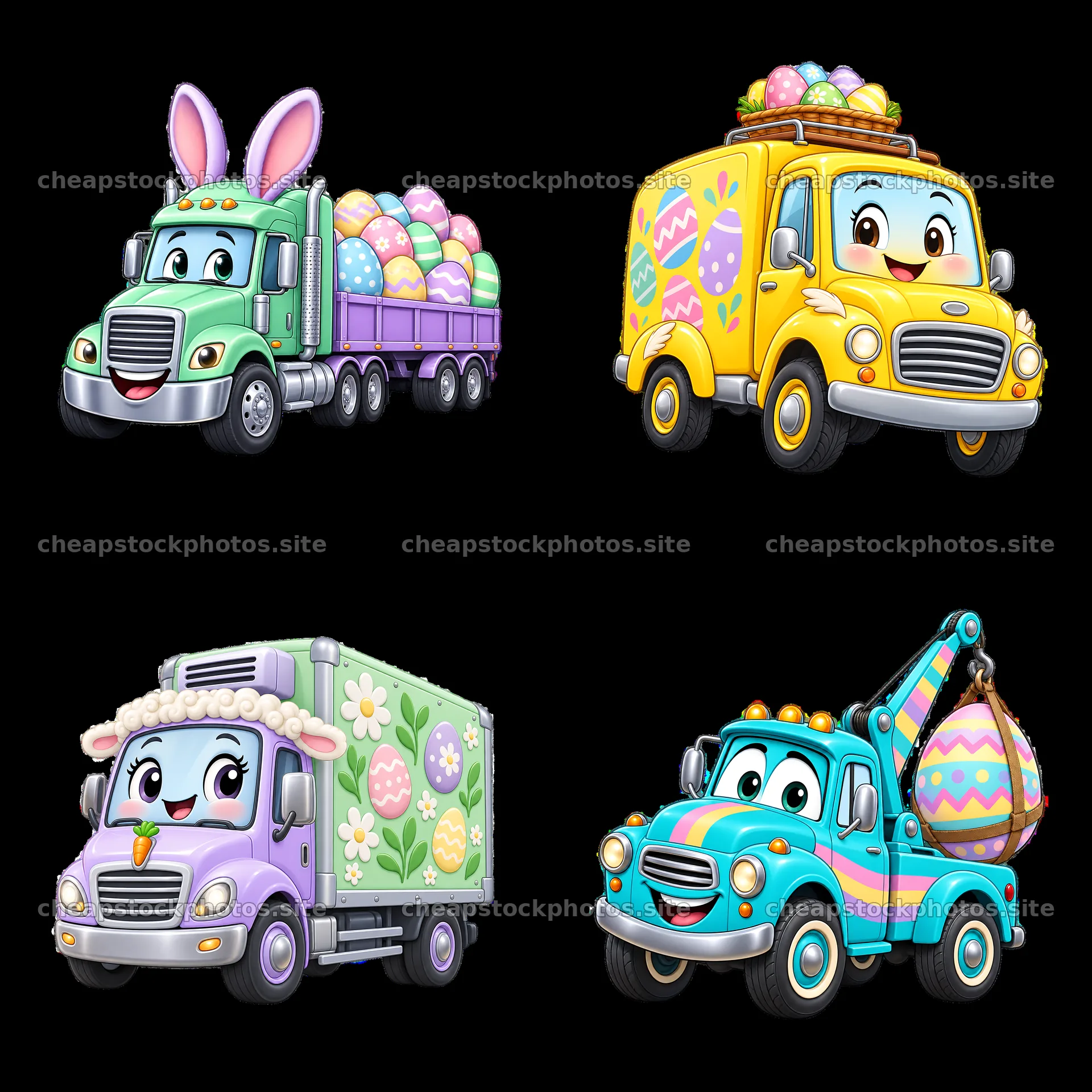 Easter-themed cartoon trucks with colorful decorations and eggs – stock photos 7746x7746