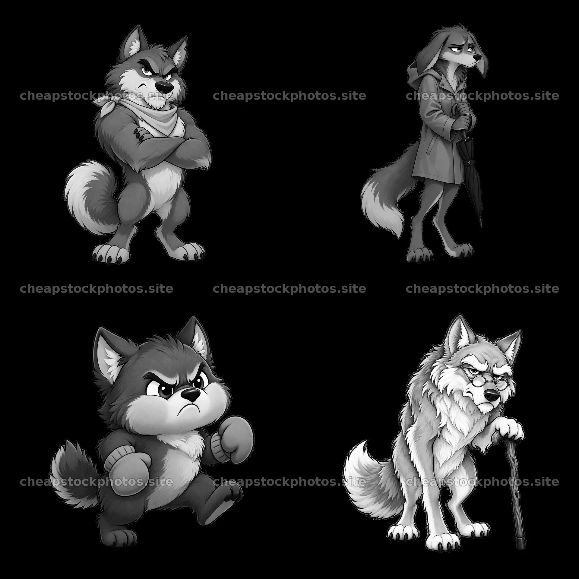 Grumpy wolf characters with distinct expressions and poses – stock photos 7746x7746