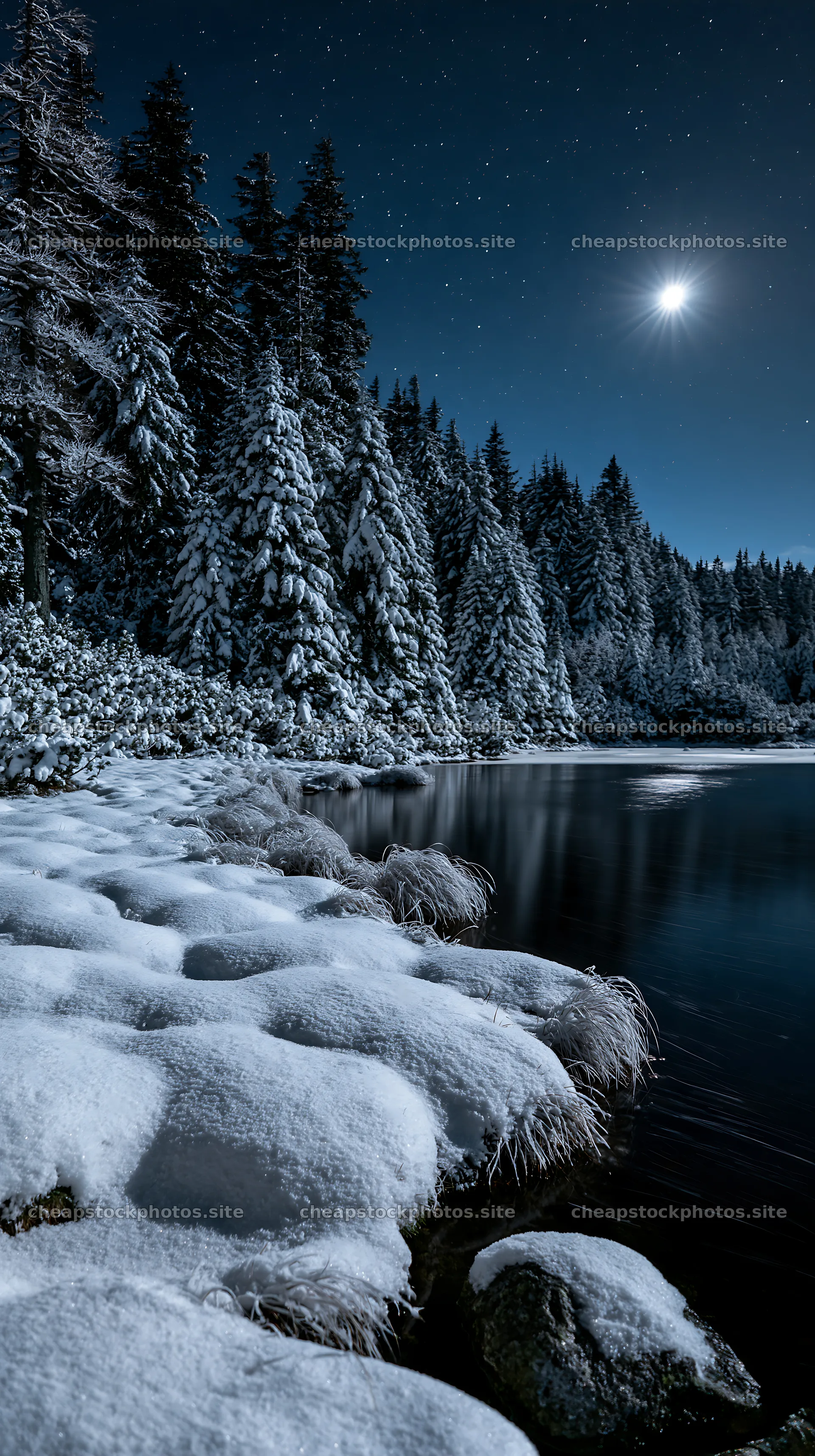 Snowy lakeside meadow under moonlight at night – stock photos 5938x10608