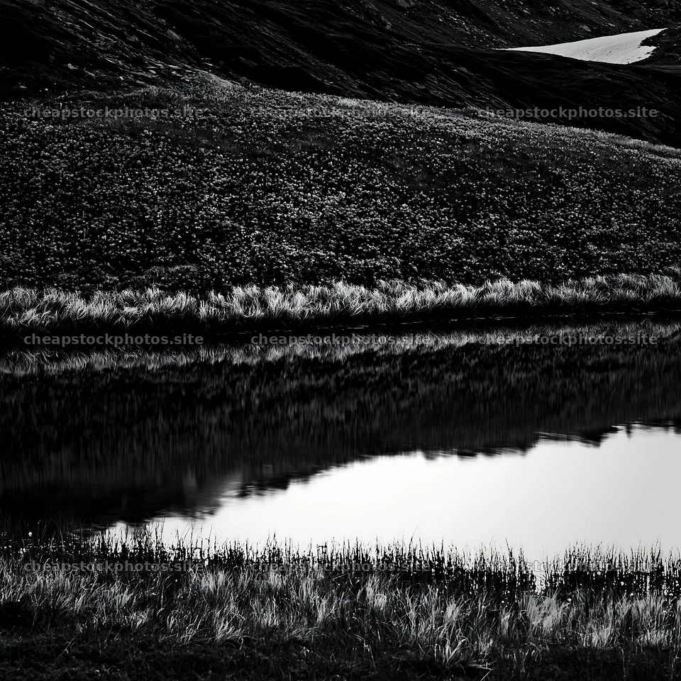 Swiss meadow beside alpine lake in black and white – stock photos 7938x7938