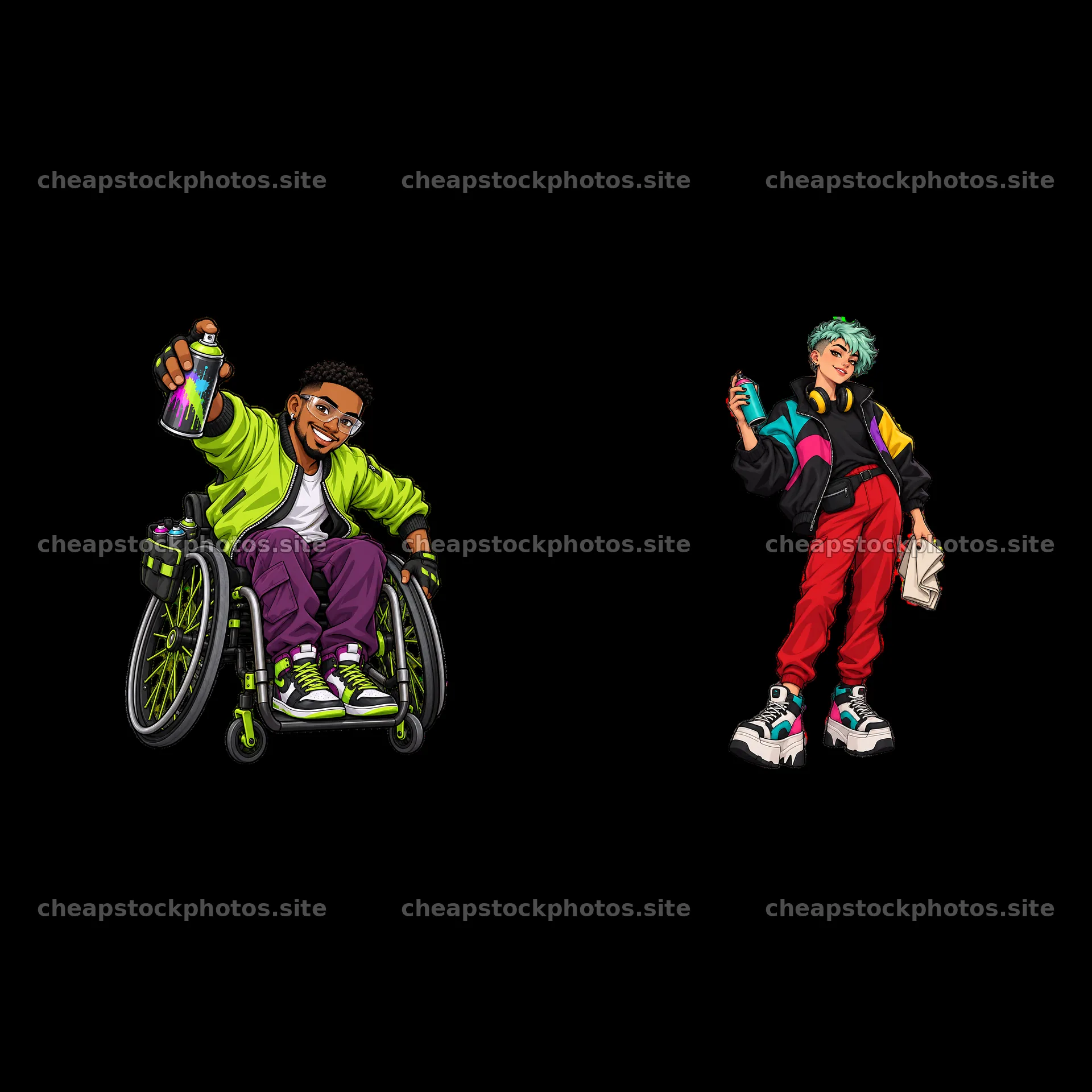 Streetwear graffiti sprayer in a wheelchair with a friend – stock photos 7746x7746