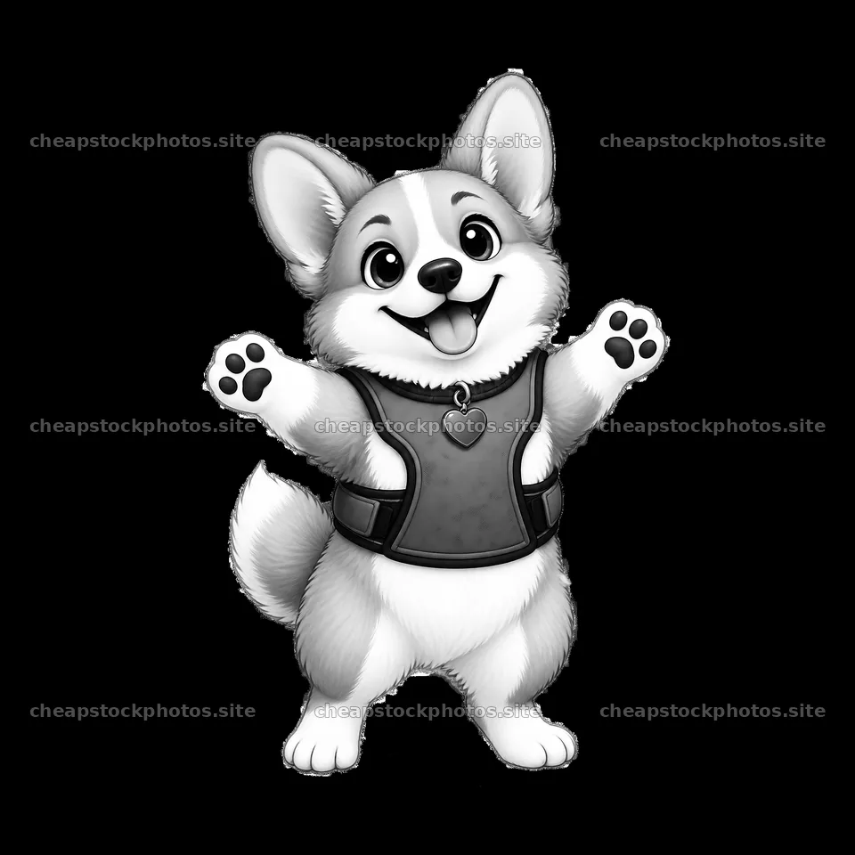 Cute K-9 dog character wearing a harness with paws raised – stock photos 7746x7746
