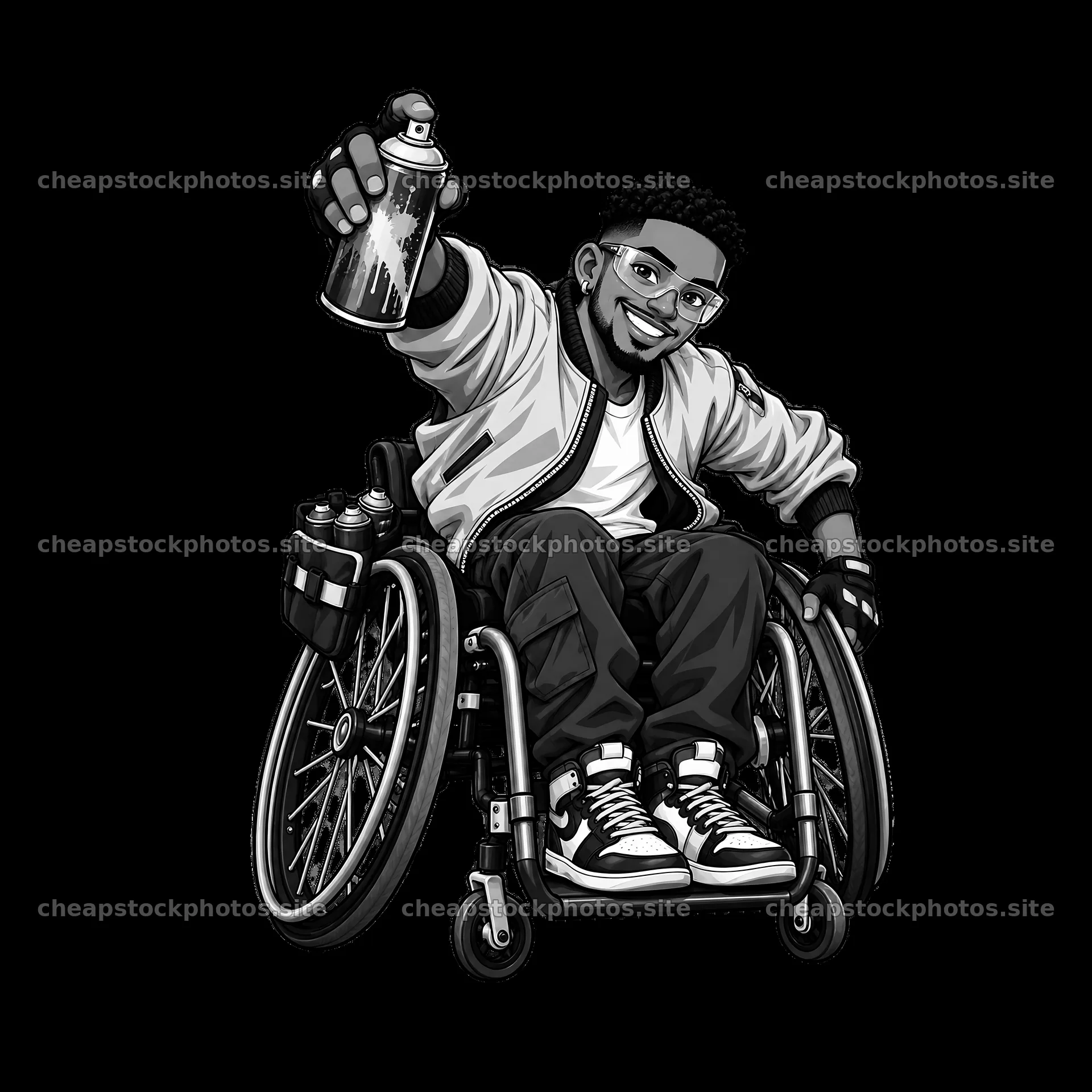 Cartoon graffiti artist in wheelchair holding spray can – stock photos 7746x7746