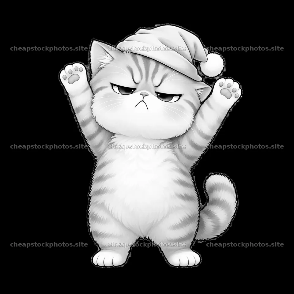 Kawaii grumpy cat wearing a Santa hat with raised paws – stock photos 7746x7746